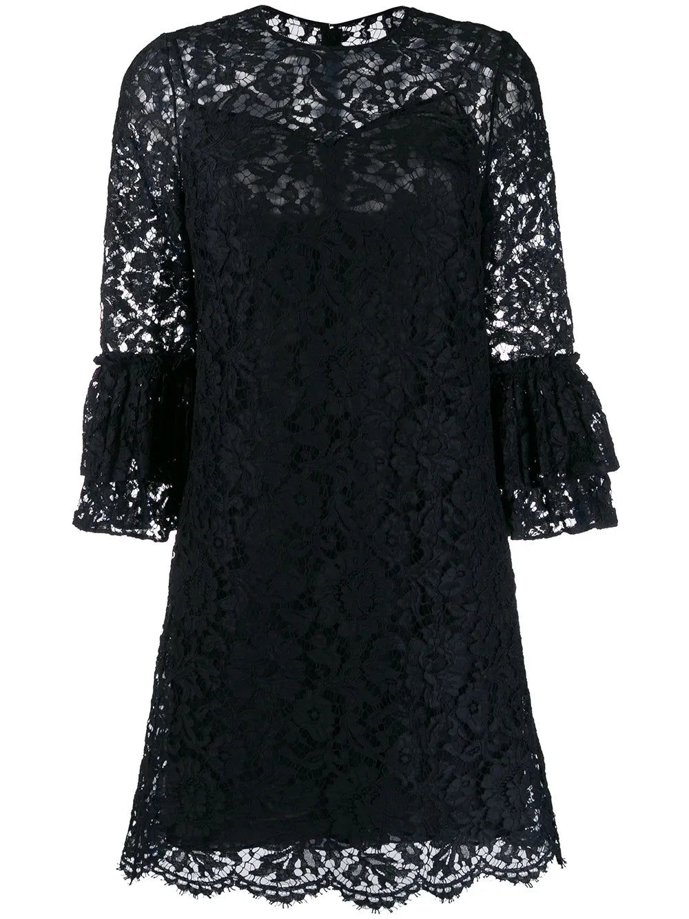 Valentino Garavani Flared Floral Lace Mini Dress — Tan/ Blue/ Red — Size XS — Front View