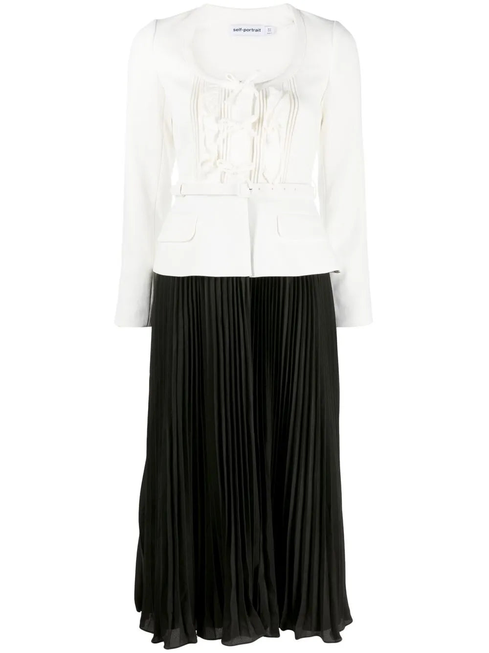Self Portrait Pleated Skirt Midi Dress — Black/ Cream — Size XS — Front View