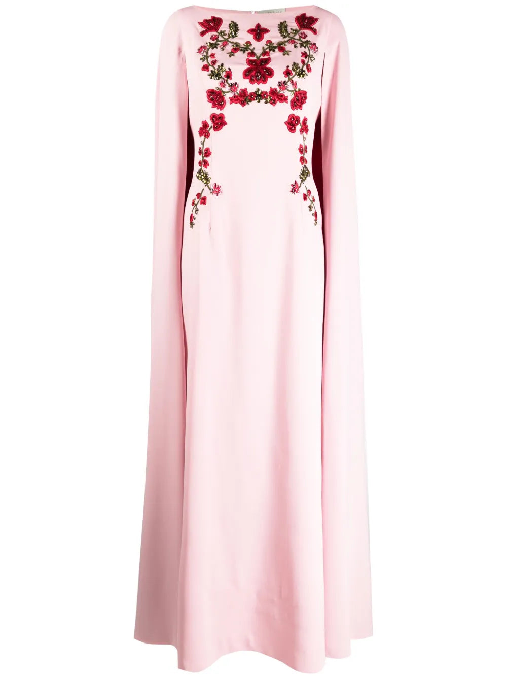 Sachin Babi Vittoria Embroidered Cape Gown — Red/ Green/ Pink — Size XS — Front View