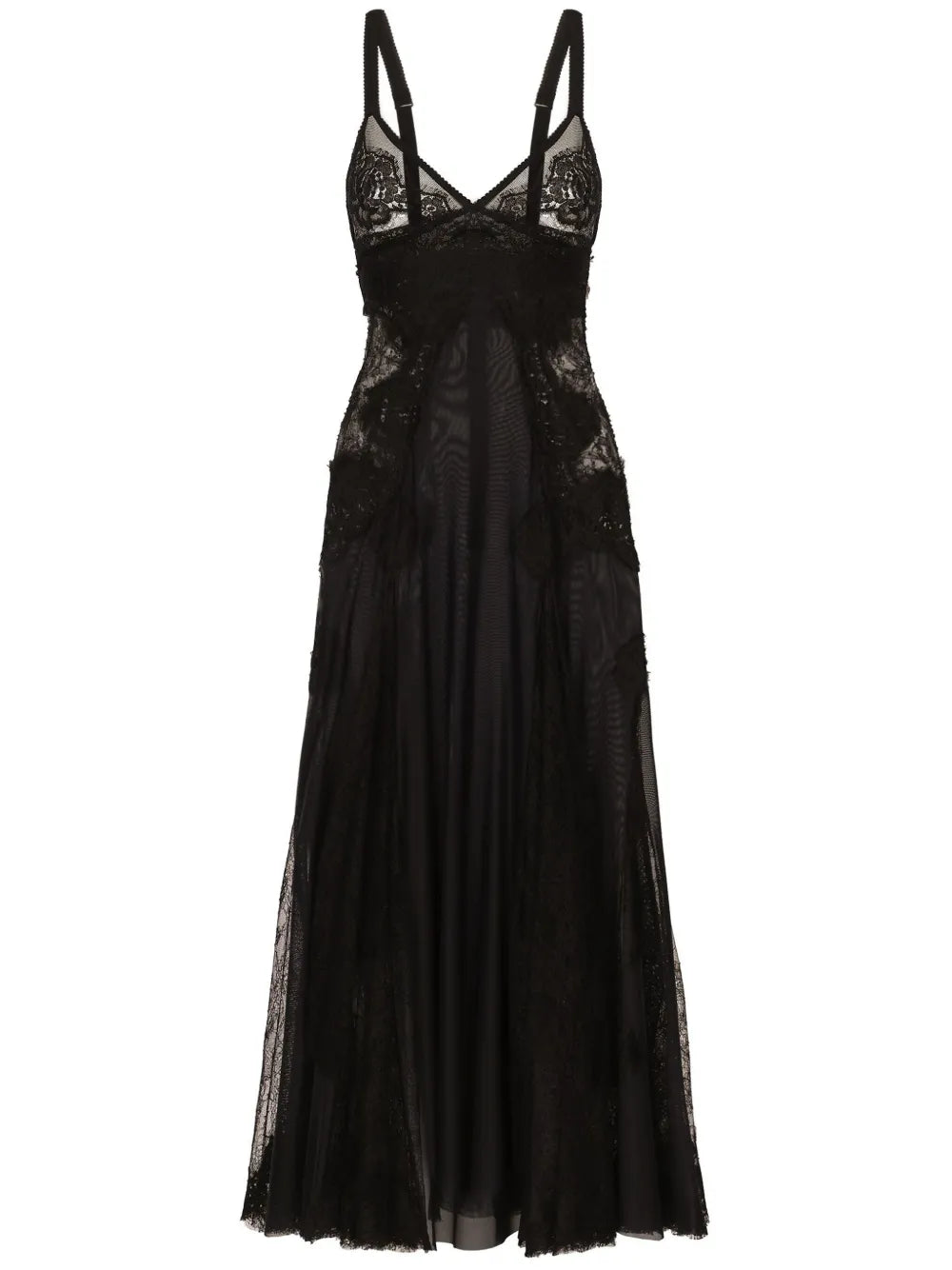 Dolce Gabbana Lace Insert Flared Midi Dress — Black/ Red — Size XS — Front View