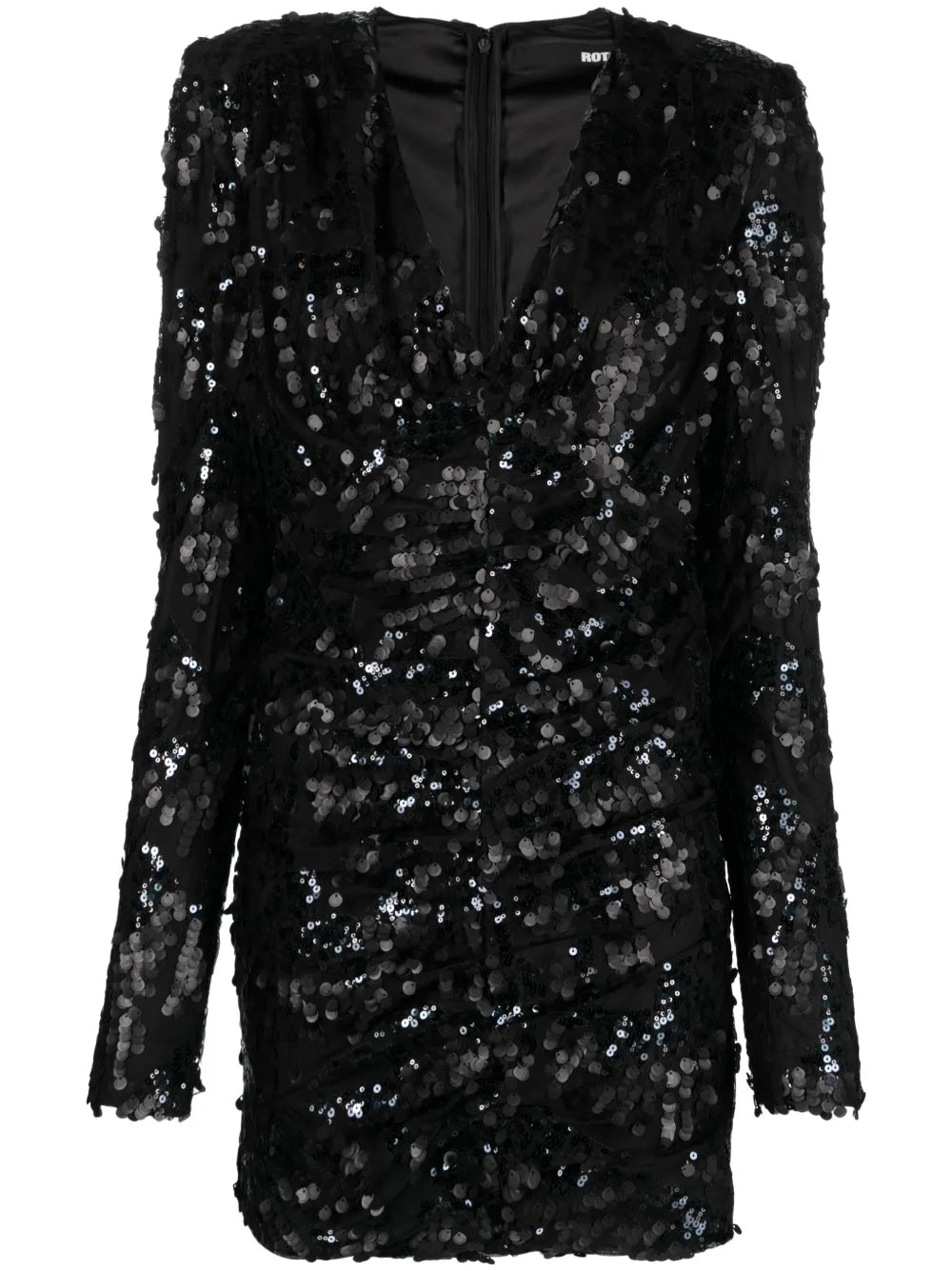 Rotate Birger Christensen Sequined Ruched Minidress — Black/ Red — Size XS — Front View