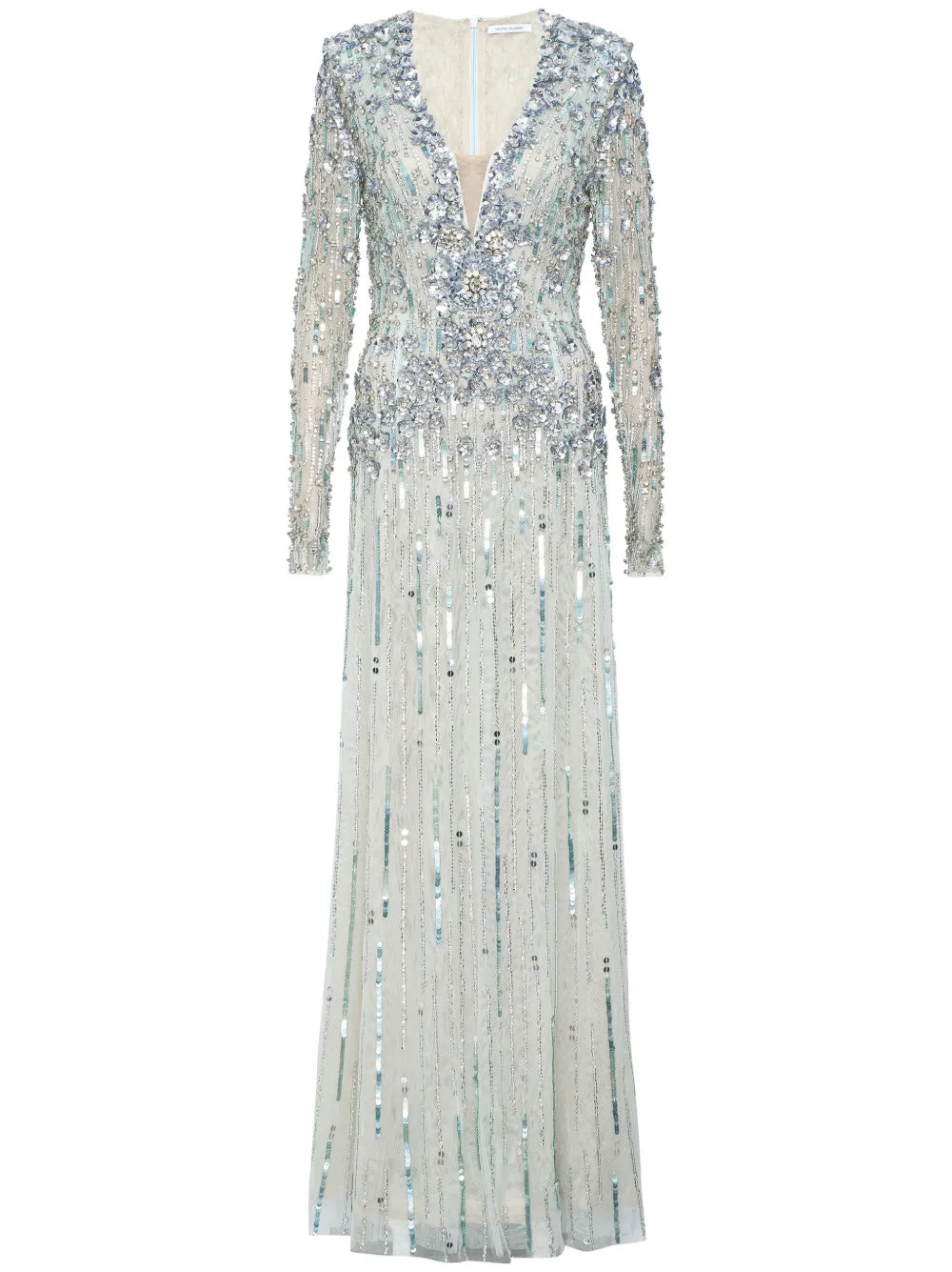 Rachel Gilbert Rosa Crystal Embellished Gown — Silver — Size XS — Front View