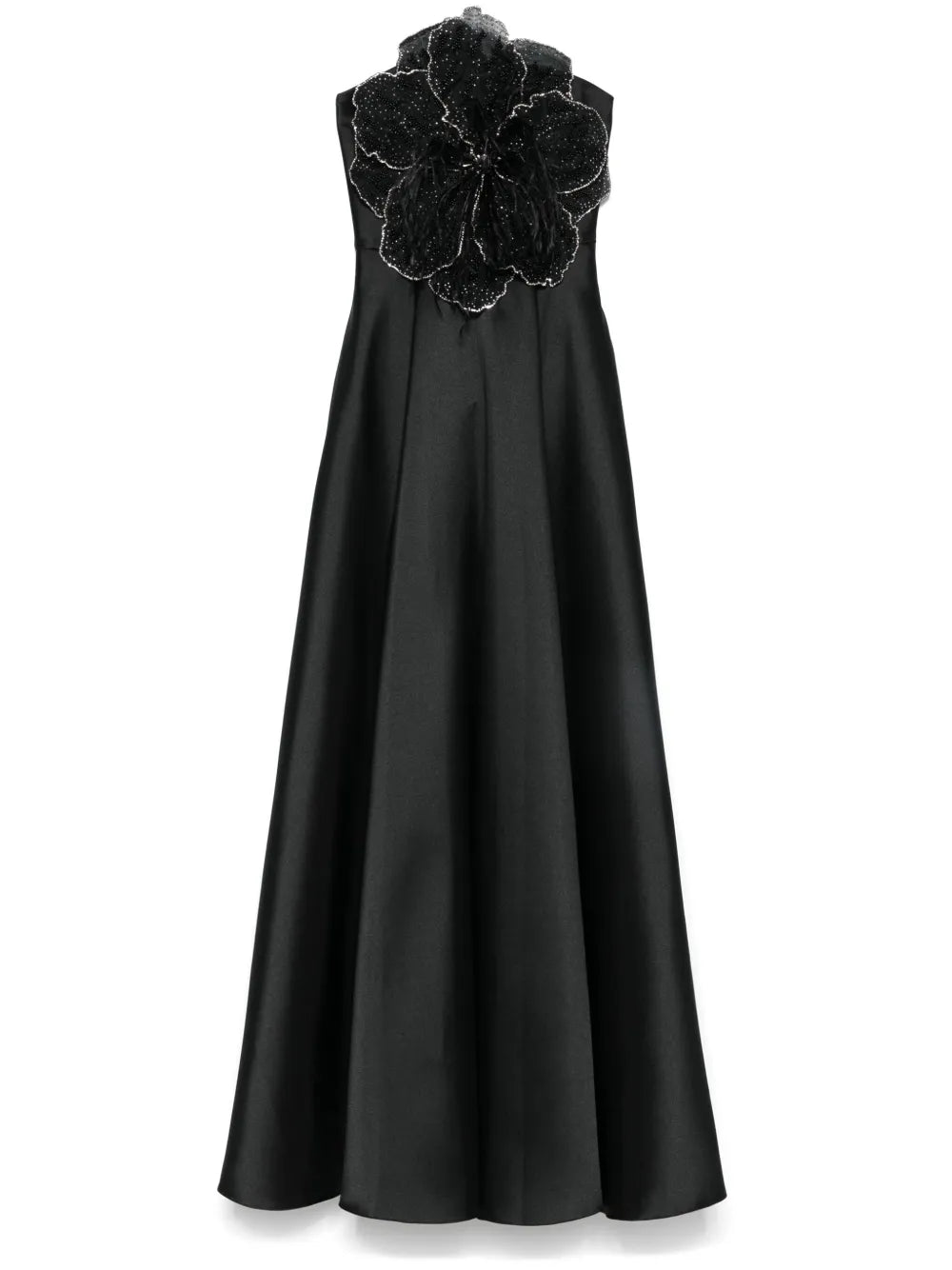 Nissa Floral Applique Maxi Dress — Black — Size S — Front View