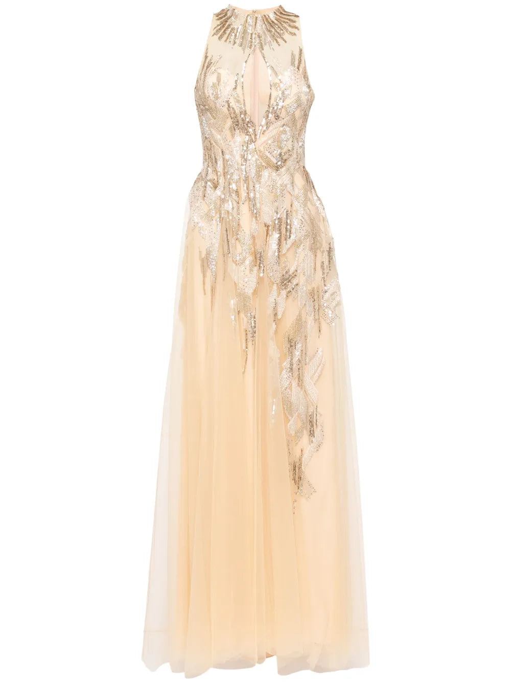 Saiid Kobeisy Long Embroidered Dress — Beige/ Red/ Gold — Size XS — Front View