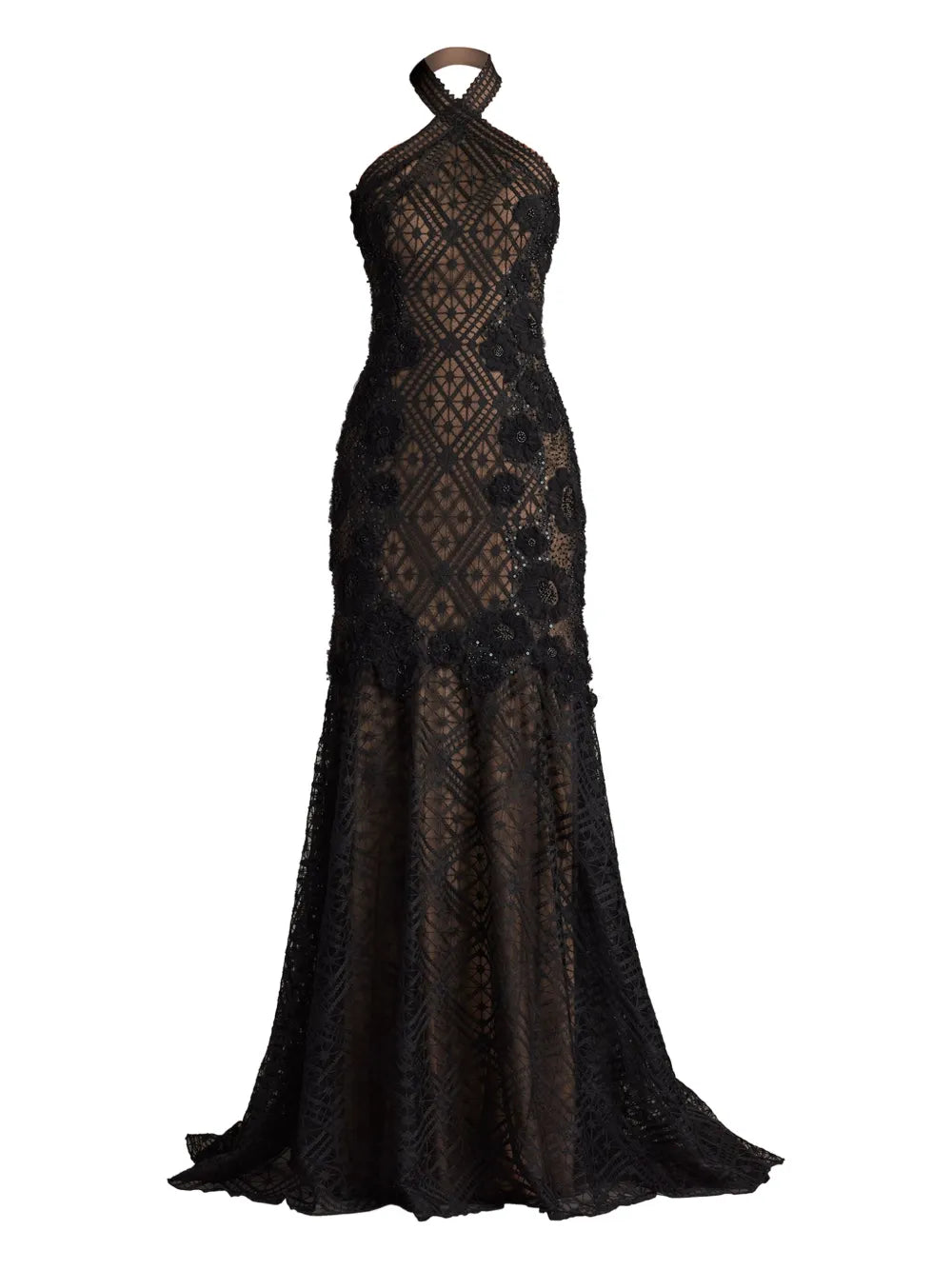 Tadashi Shoji Beaded Lace Evening Gown — Black/ Red — Size XS — Front View