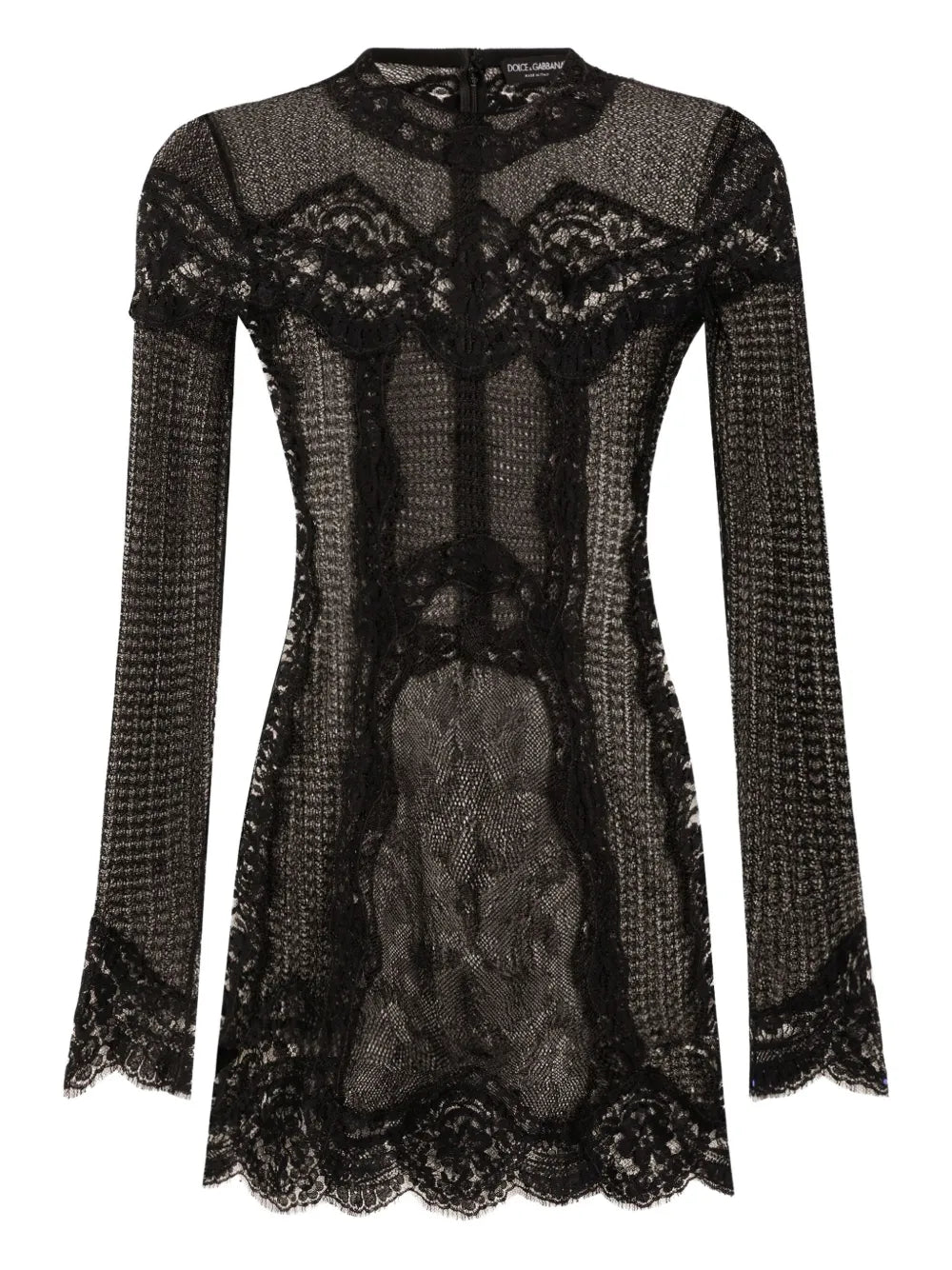Dolce Gabbana Lace Panel Long Sleeve Mini Dress — Black — Size XS — Front View