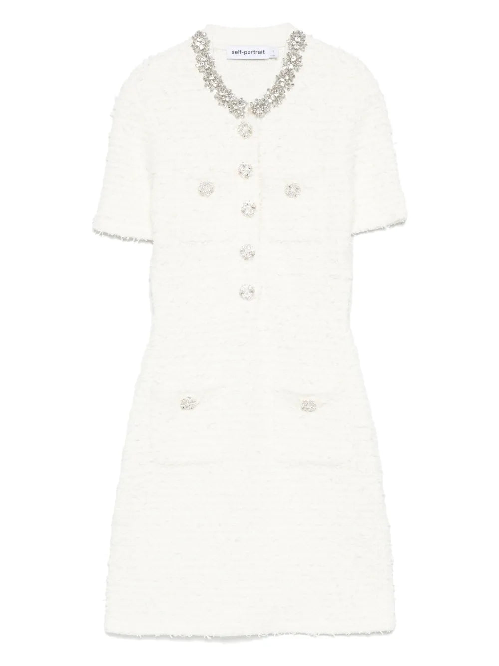 Self Portrait Embellished Button Detailed Mini Dress — Cream — Size XS — Front View