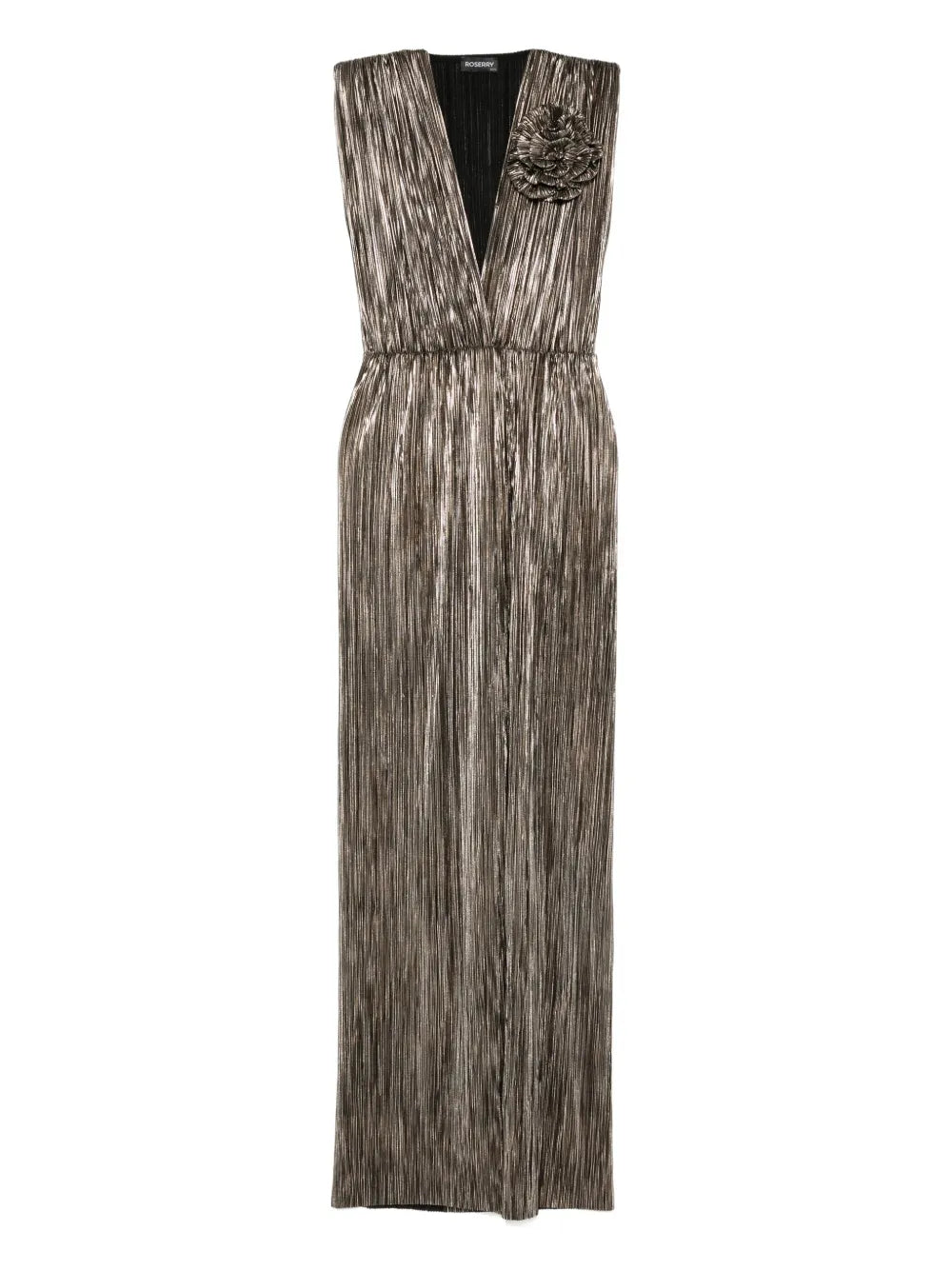 Roserry Sleeveless V Neck Midi Dress — Gold — Size S — Front View