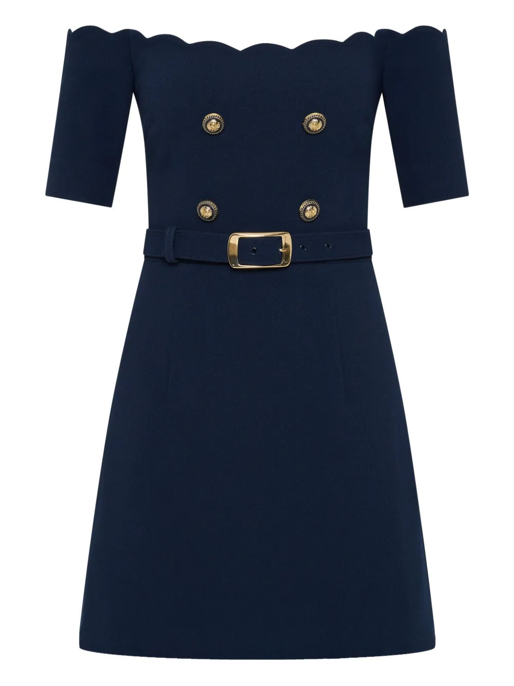 Rebecca Vallance Off Shoulder Belted Dress — Blue/ Navy — Size XS — Front View