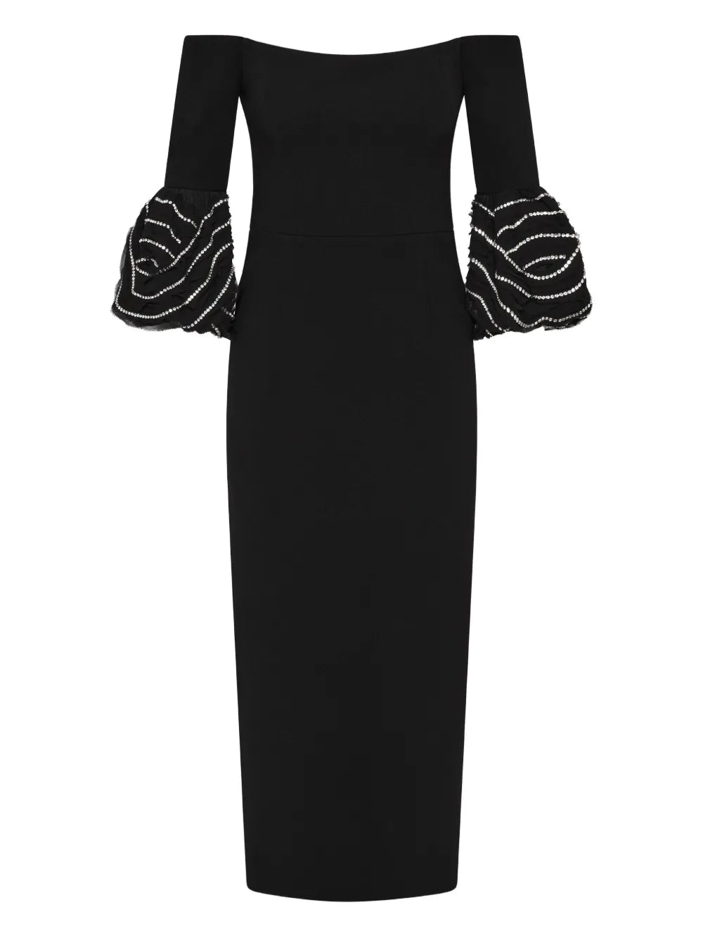 Rebecca Vallance Bellatrix Off Shoulder Ruffled Midi Dress — Black — Size XS — Front View