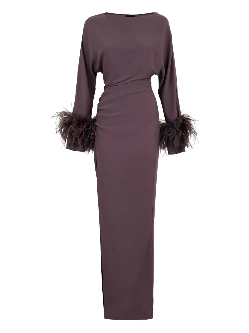 Lapointe Feather Trim Long Sleeve Maxi Dress — Brown — Size XS — Front View