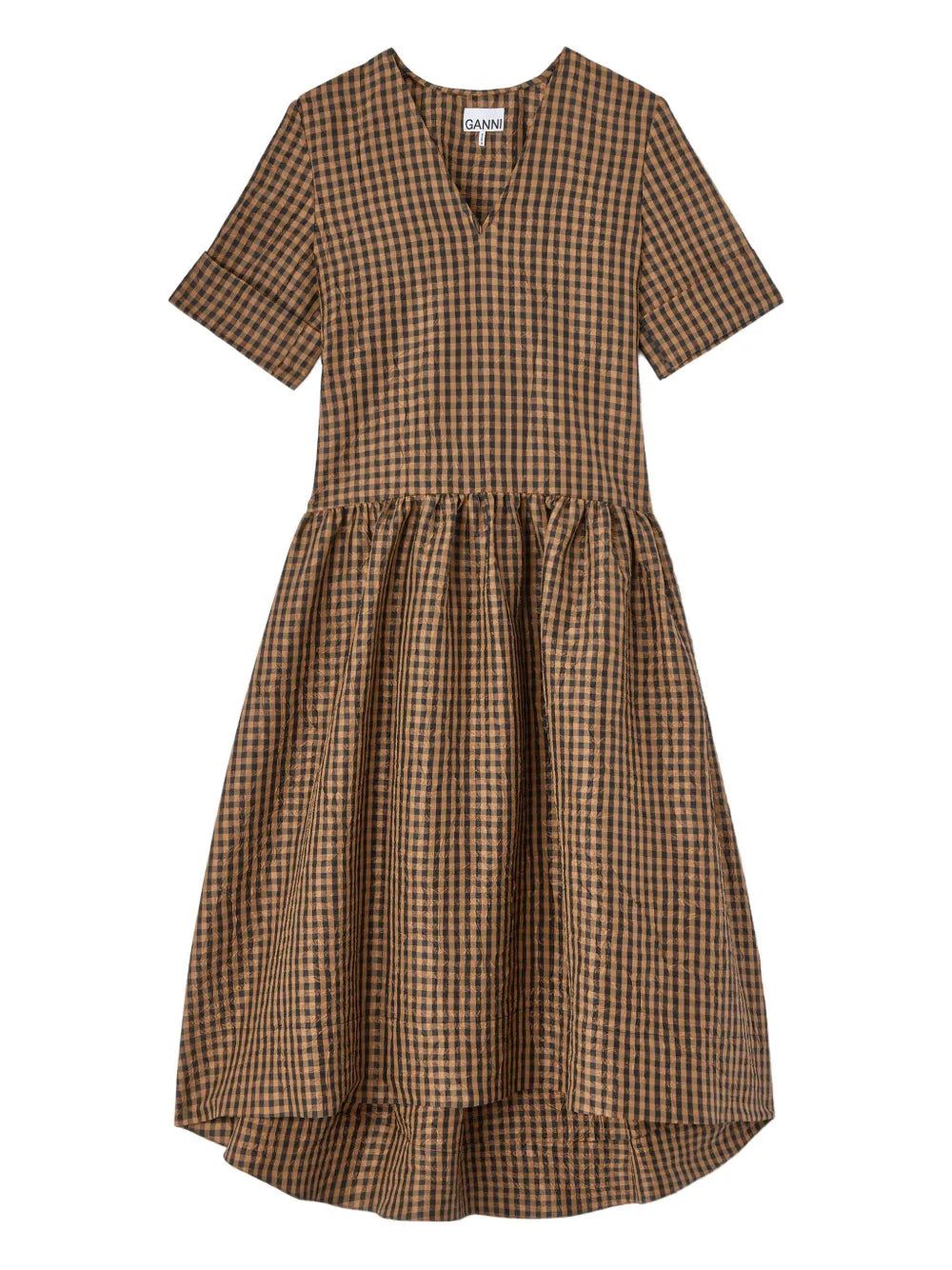 Ganni Checked V Neck Dress — Brown/ Red — Size S — Front View