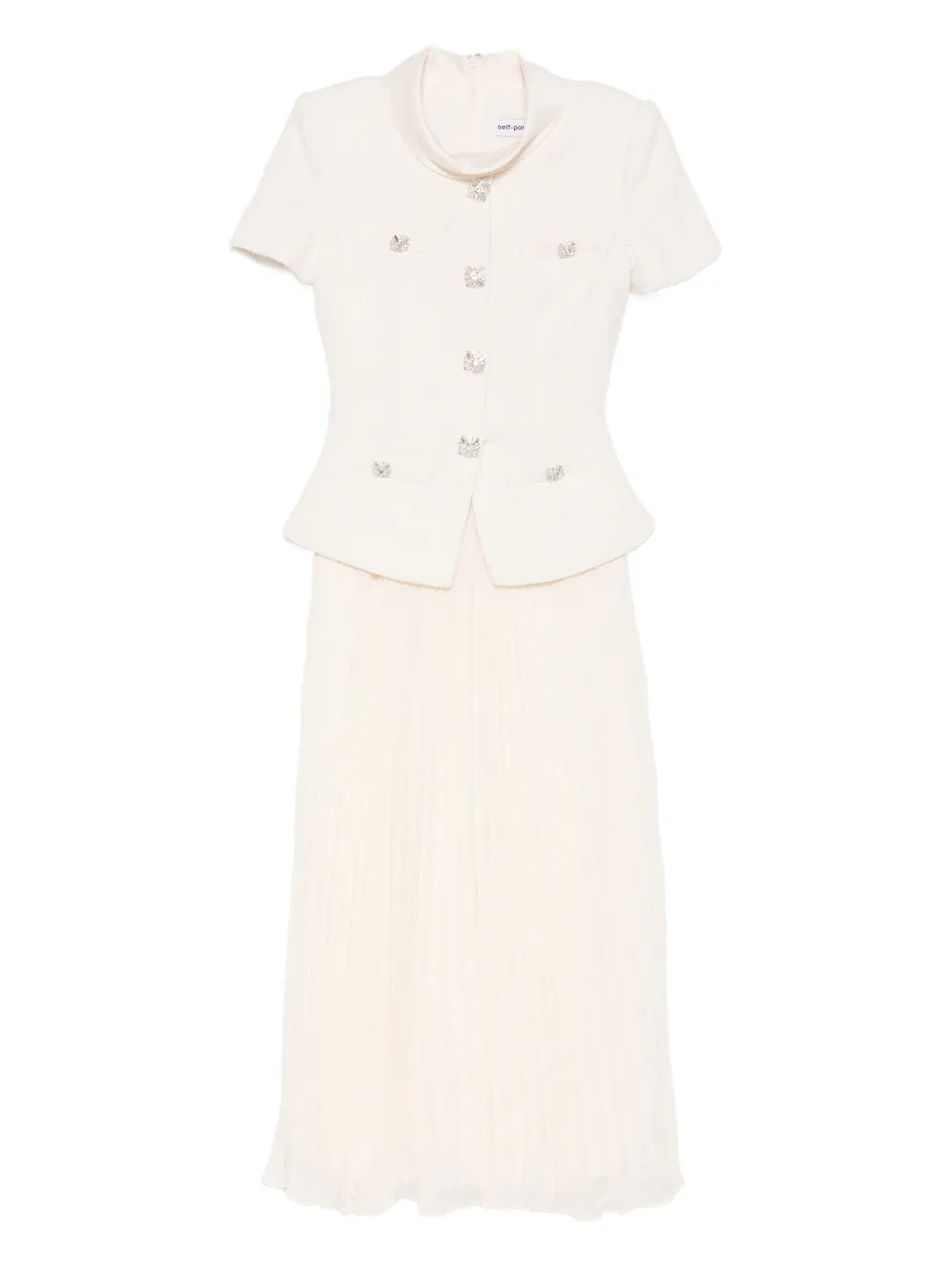 Self Portrait Panelled Midi Dress — White/ Cream — Size L — Front View