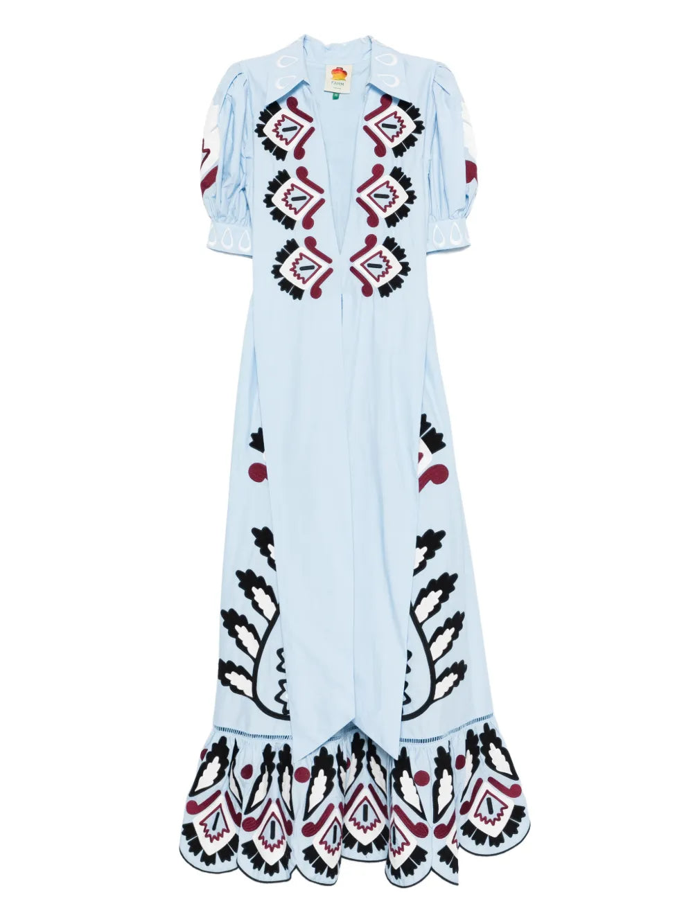 Farm Rio Embroidered Puff Sleeve Maxi Dress — Blue/ Red — Size XS — Front View