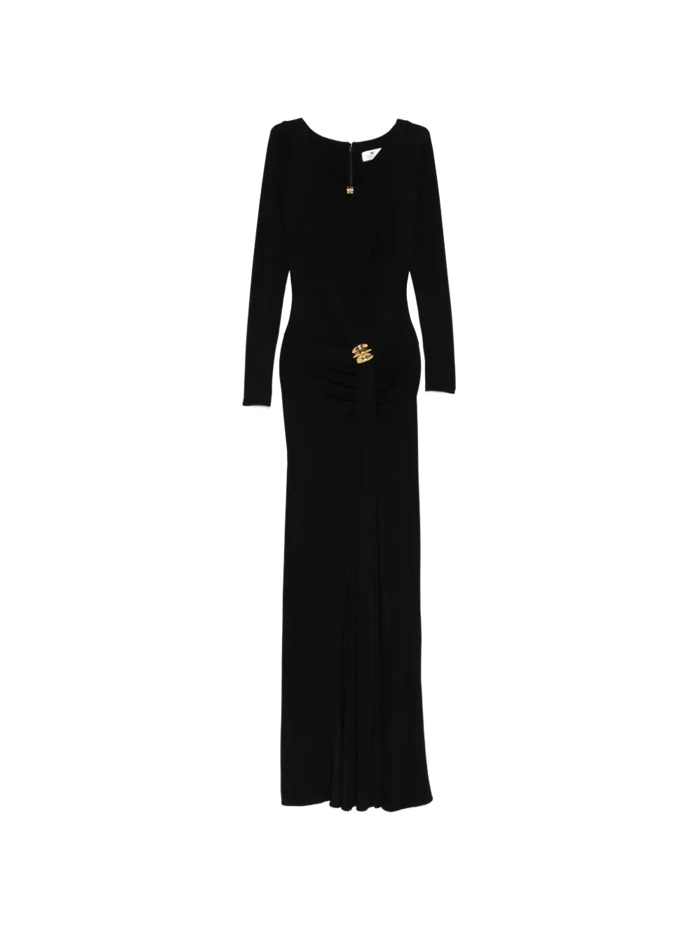 Elisabetta Franchi Gold Tone Brooch Maxi Dress — Black/ Gold — Size S — Front View