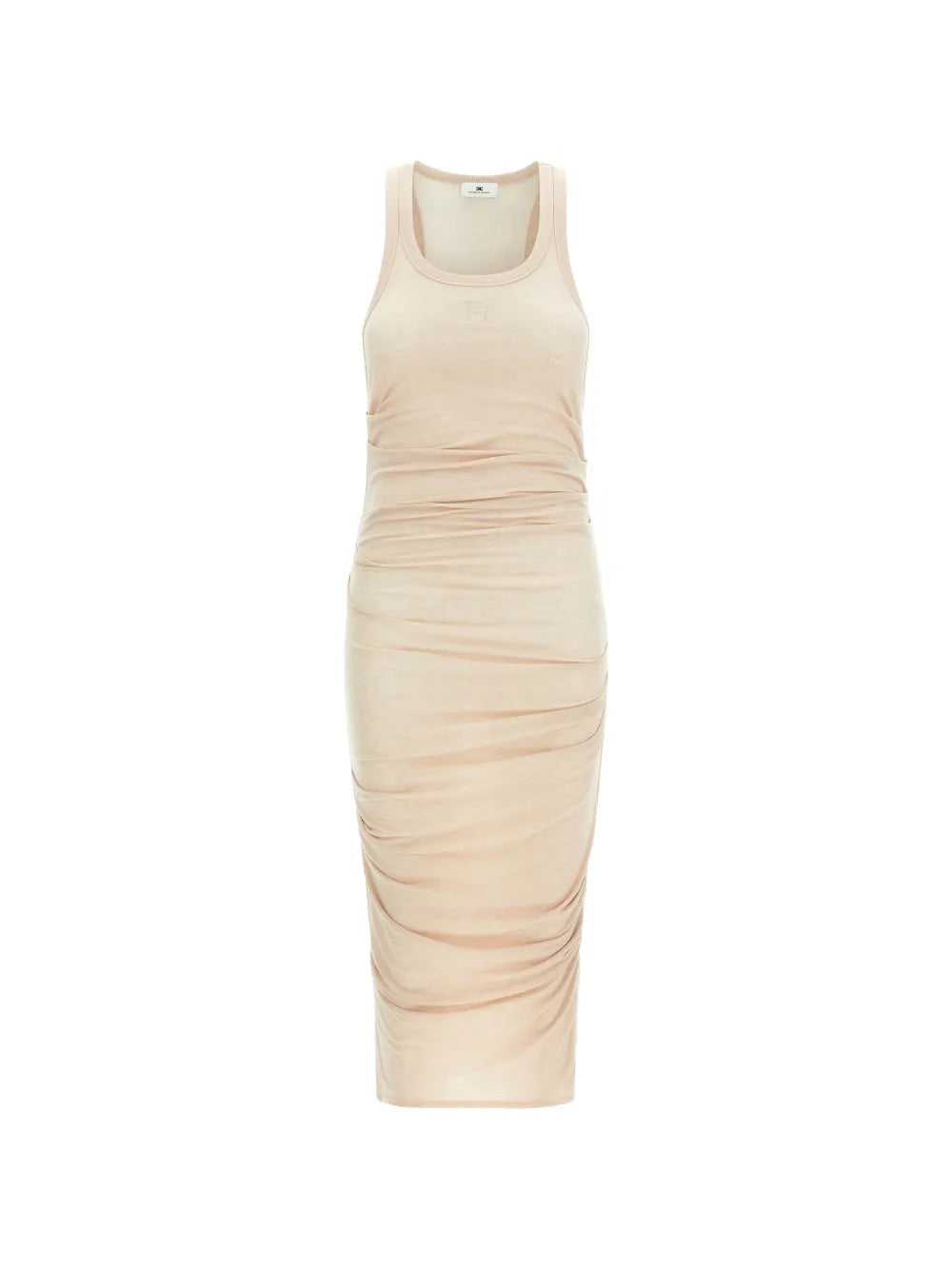 Elisabetta Franchi Logo Embroidery Draped Midi Dress — Beige — Size XS — Front View