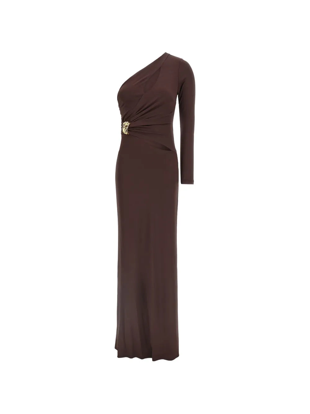 Elisabetta Franchi One Shoulder Jewel Long Dress — Brown — Size XS — Front View