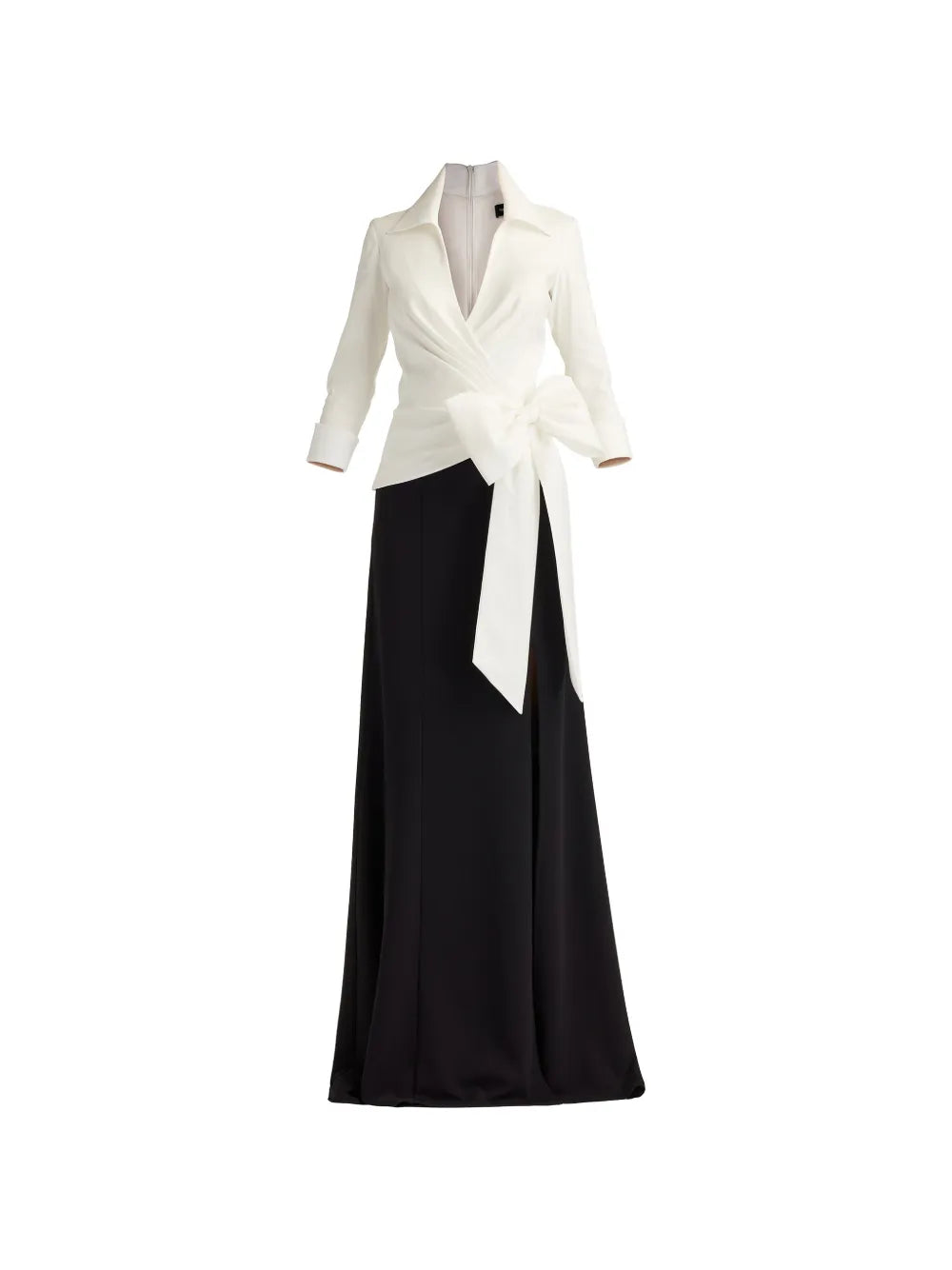 Tadashi Shoji Bow Detail V Neck Panelled Dress — Black/ White — Size XS — Front View
