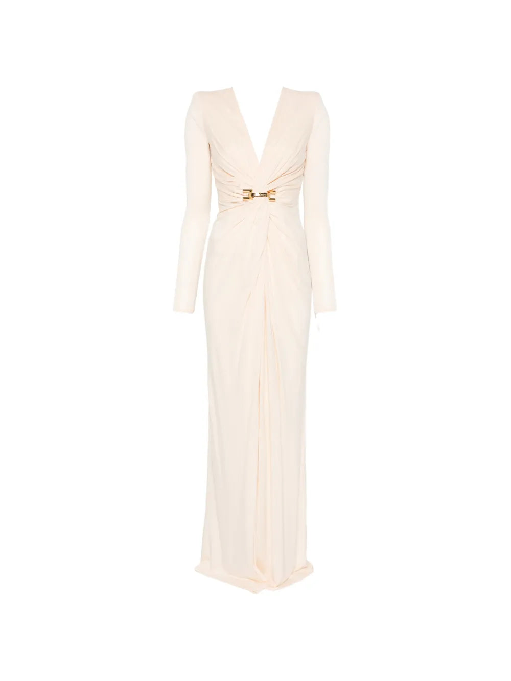 Elisabetta Franchi Long Sleeve V Neck Maxi Dress — Beige — Size S — Front View