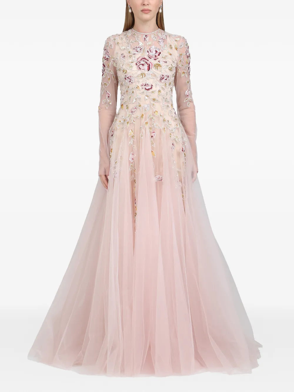 Dina Melwani Leaf Embroidered Gown Maxi Dress — Red/ Pink — Size M — Front View