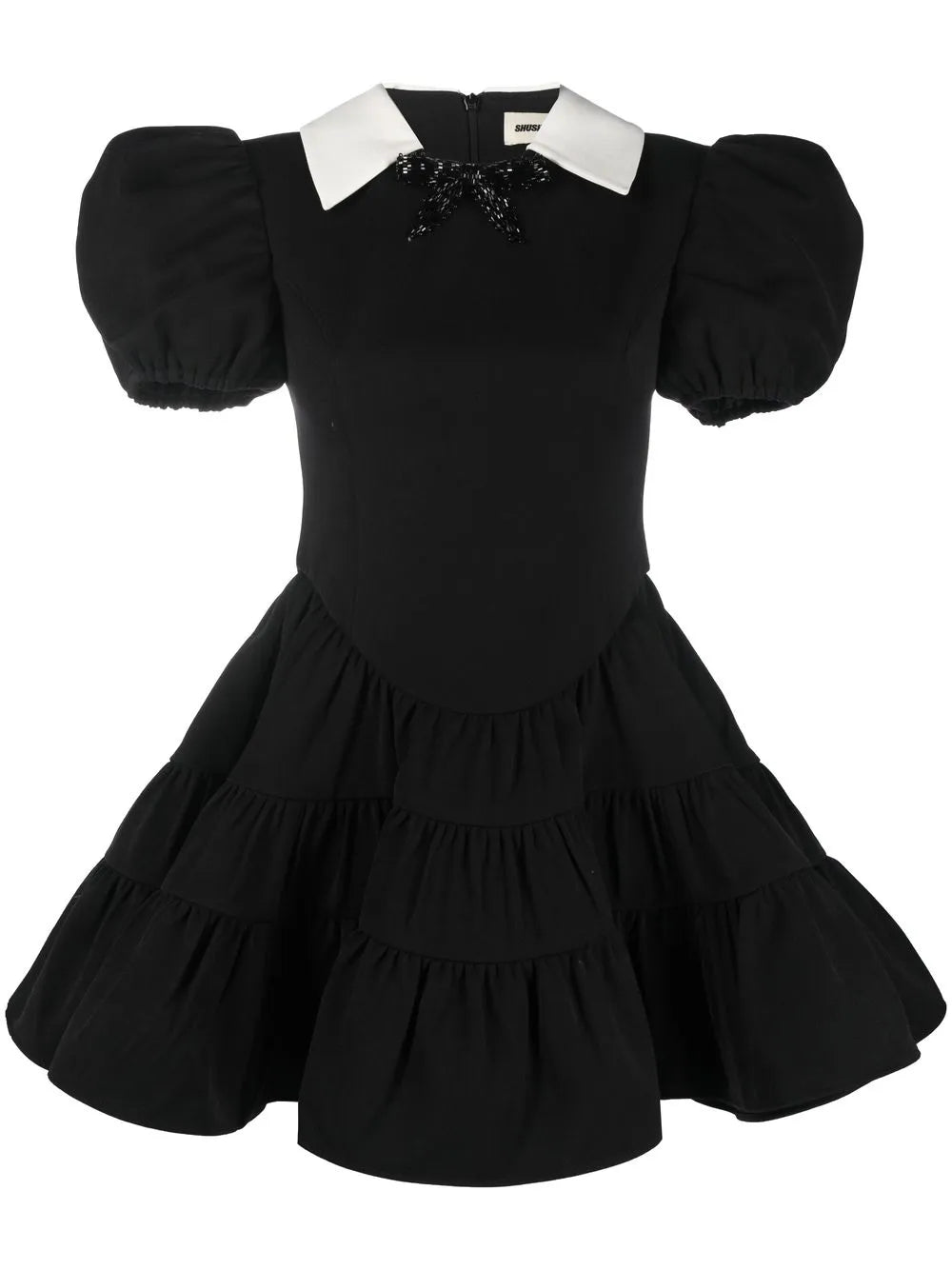 Shushutong Puff Sleeve Tiered Minidress — Black/ Red — Size XS — Front View
