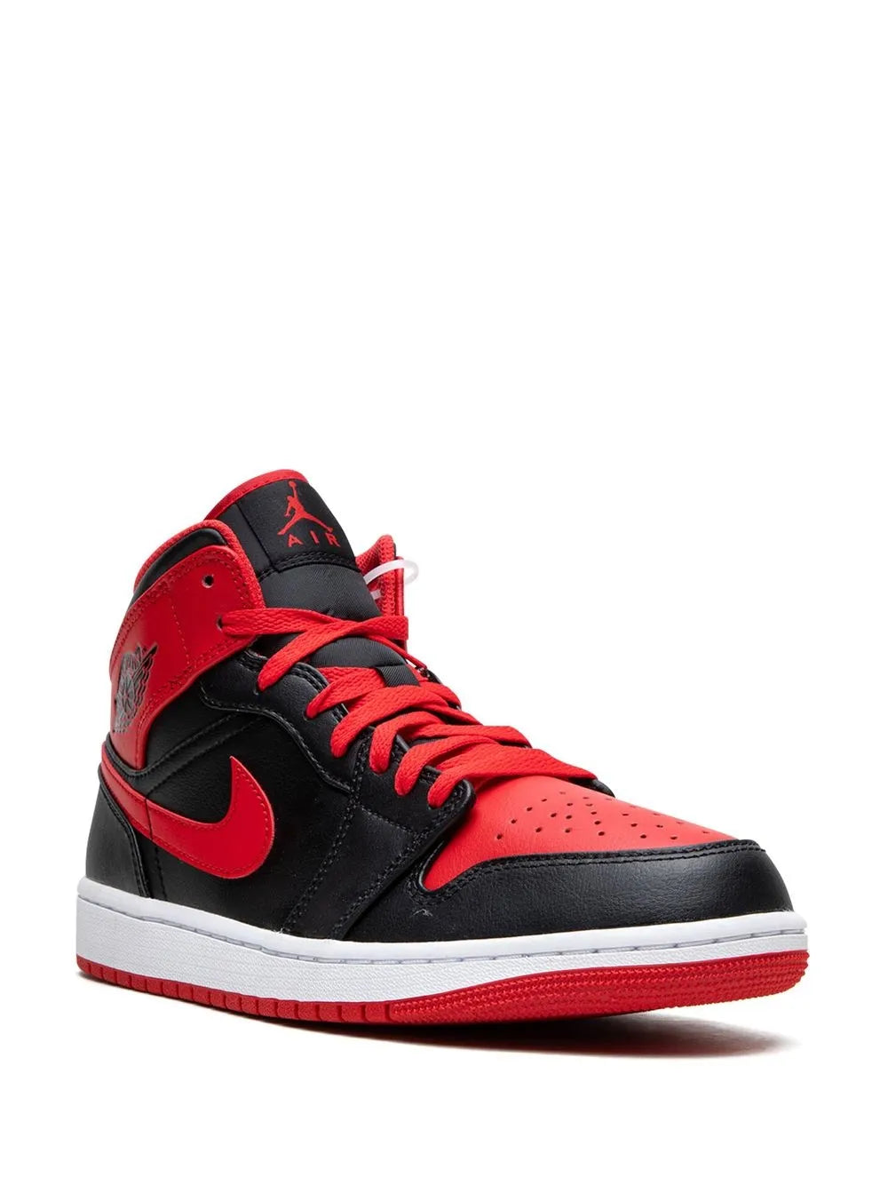 Air Jordan 1 Mid Alternate Bred Sneakers — Black/White/ Fire Red — Size US M 9.5 - US W 11 — Side View
