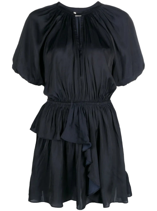 Zadigvoltaire Romina Puff Sleeve Ruched Mini Dress — Blue/ Red — Size XS — Front View