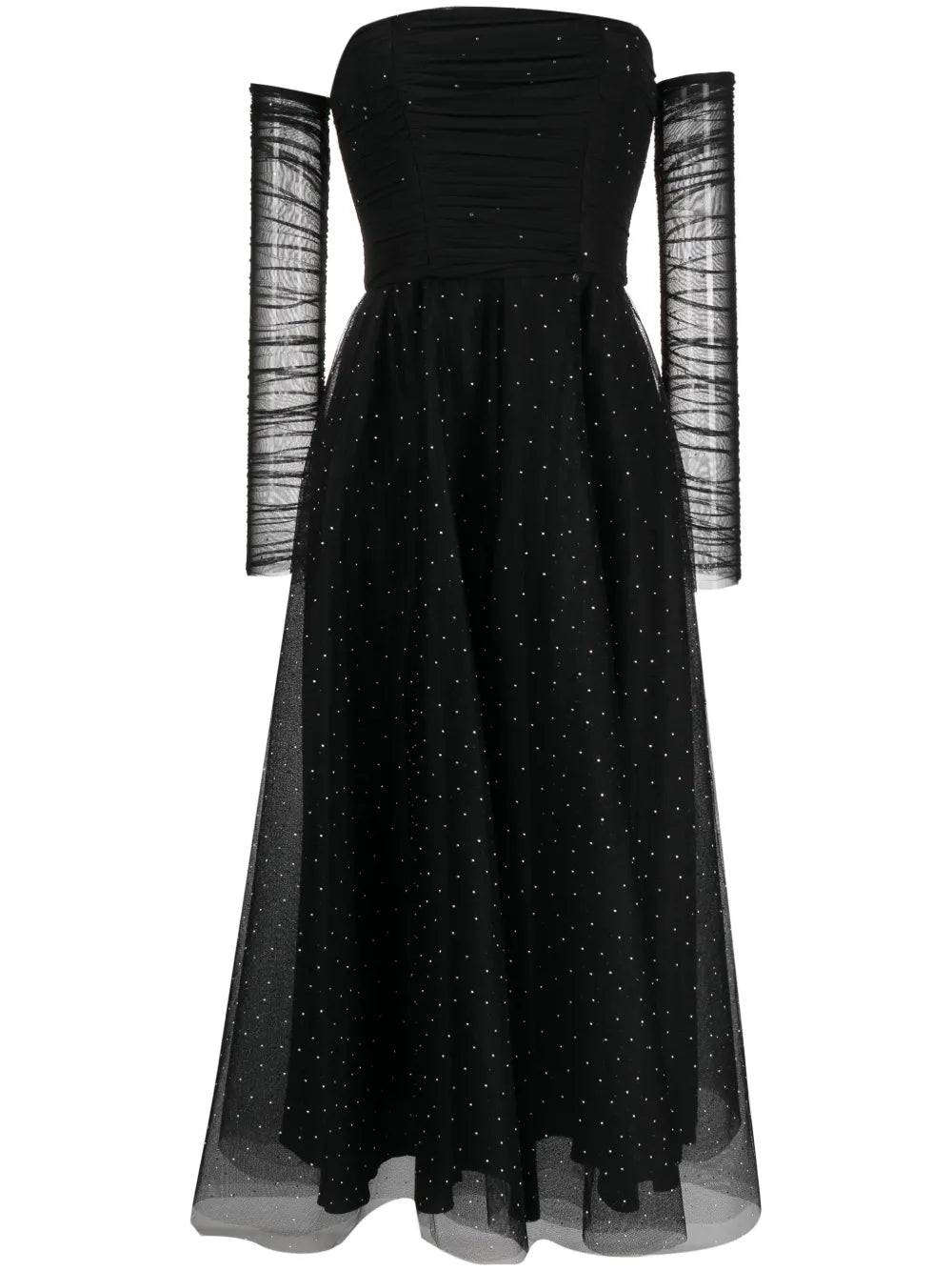 Nissa Crystal Embellished Off Shoulder Dress — Black/ Red — Size XS — Front View