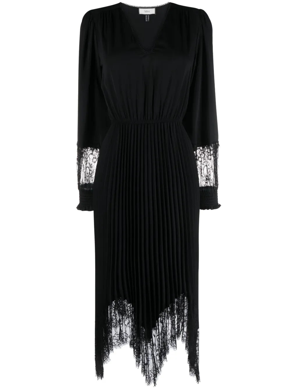 Nissa Lace Trim Pleated Midi Dress — Black — Size S — Front View