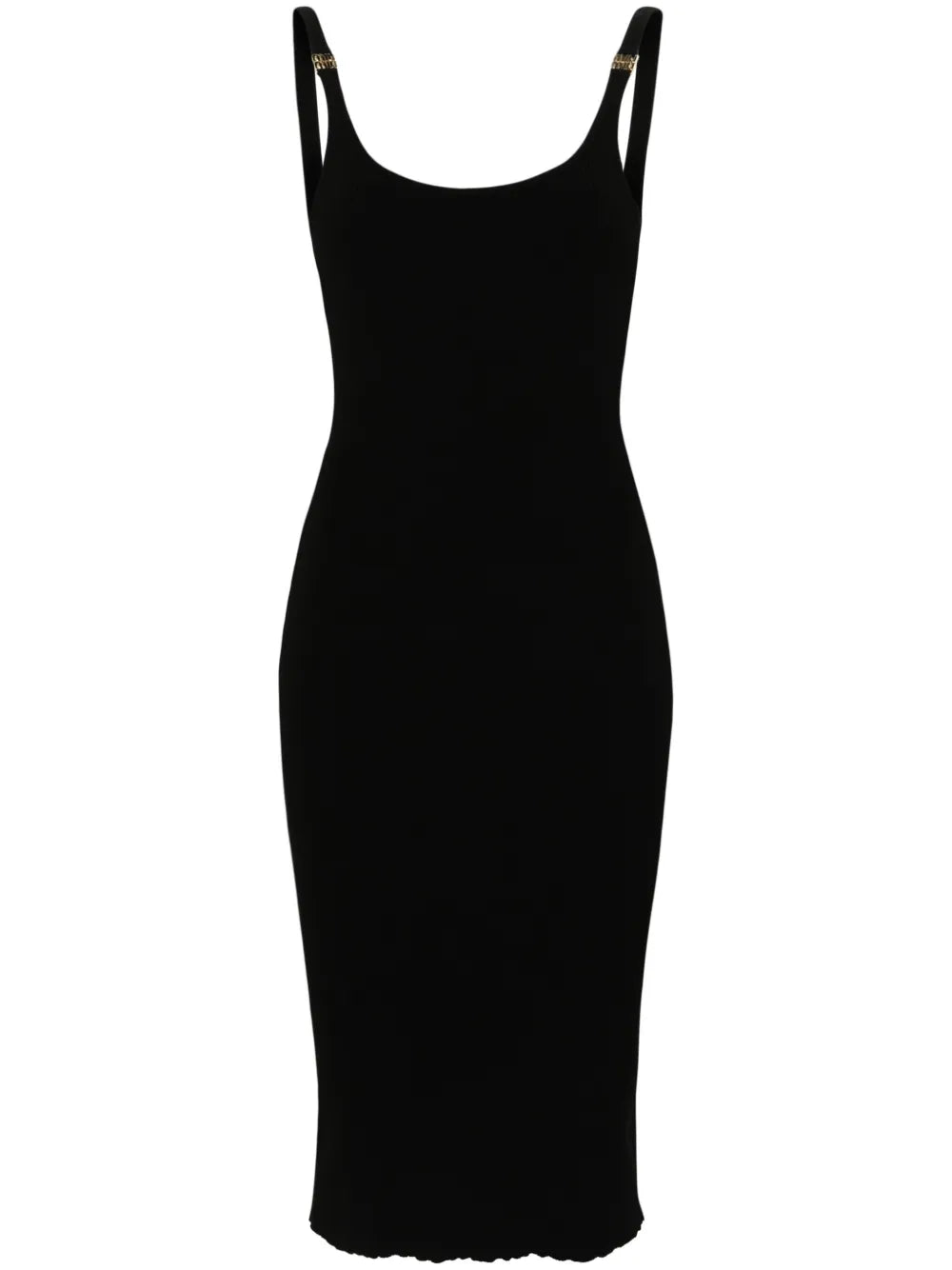 Miu Miu Logo Plaque Ribbed Midi Dress — Black/ Gold — Size S — Front View
