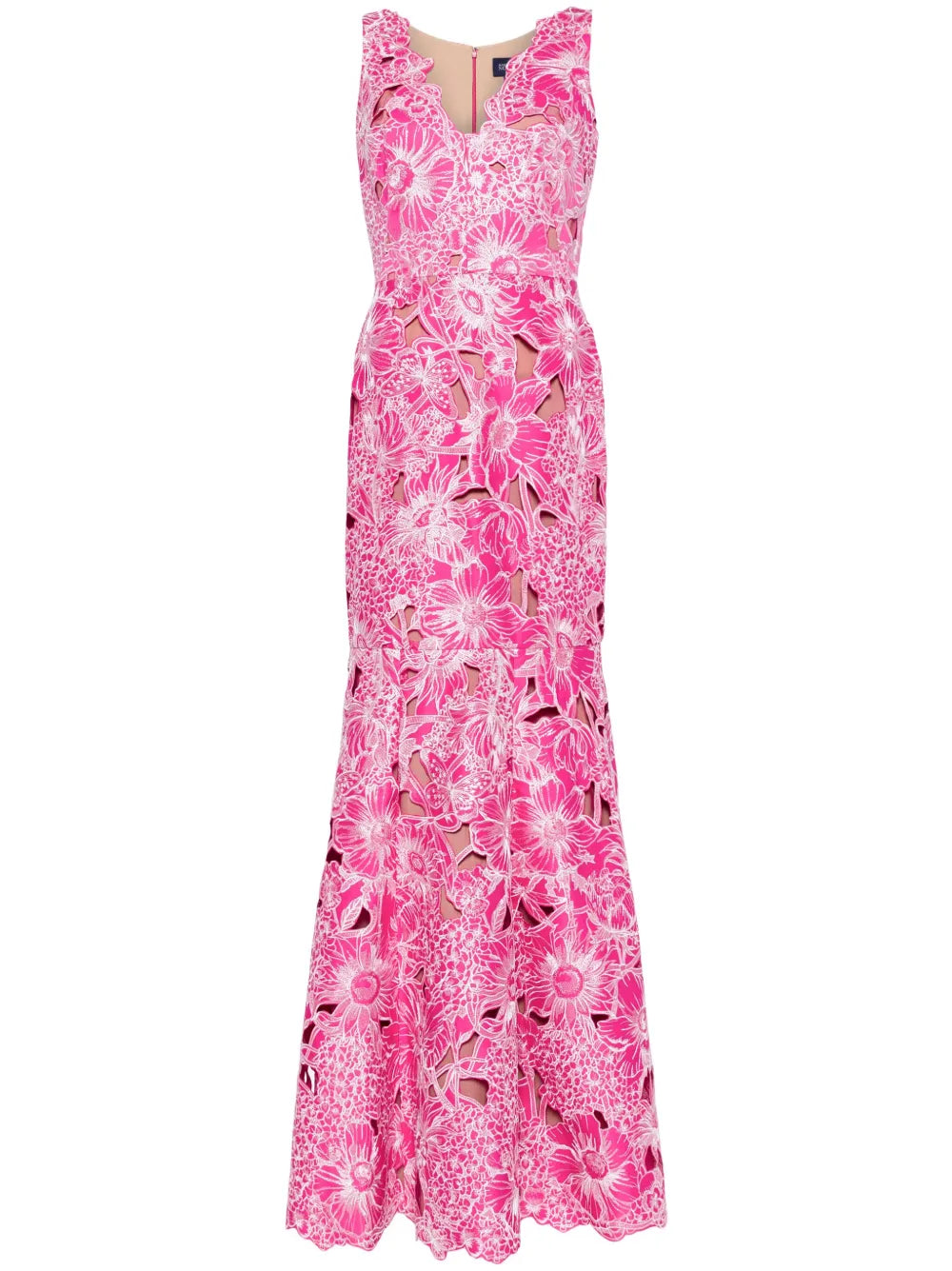 Marchesa Notte Anthousai Floral Applique Mermaid Gown — White/ Red/ Pink — Size S — Front View