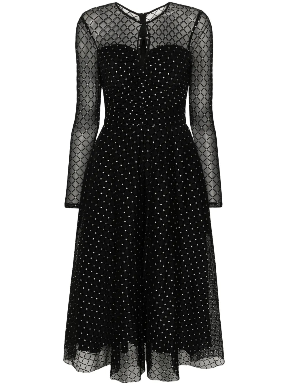 Nissa Glitter Dots Flared Midi Dress — Black/ Red — Size XS — Front View