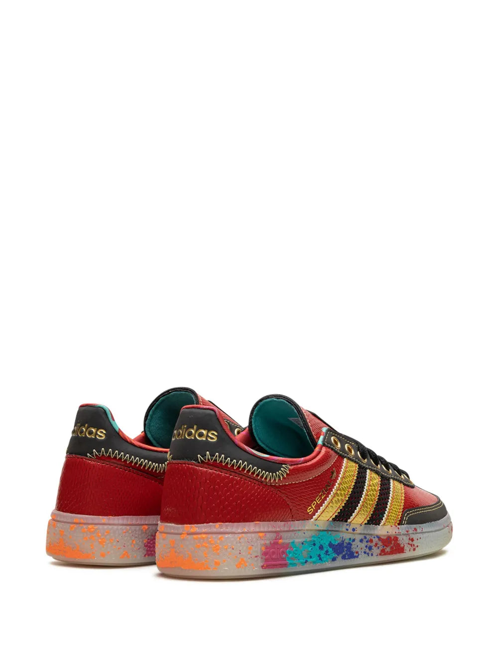 adidas Handball Spezial S.E.E.D. - Scarlet Gold Paint Splatter Sneakers — Red — Size US M 9.5 - US W 11 — Back View