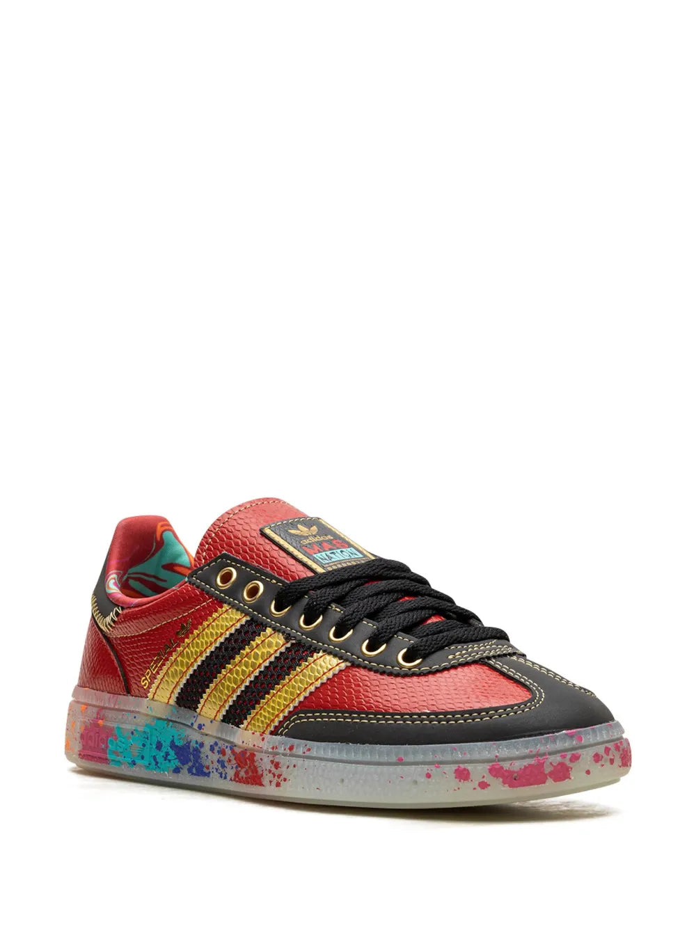 adidas Handball Spezial S.E.E.D. - Scarlet Gold Paint Splatter Sneakers — Red — Size US M 9.5 - US W 11 — Side View