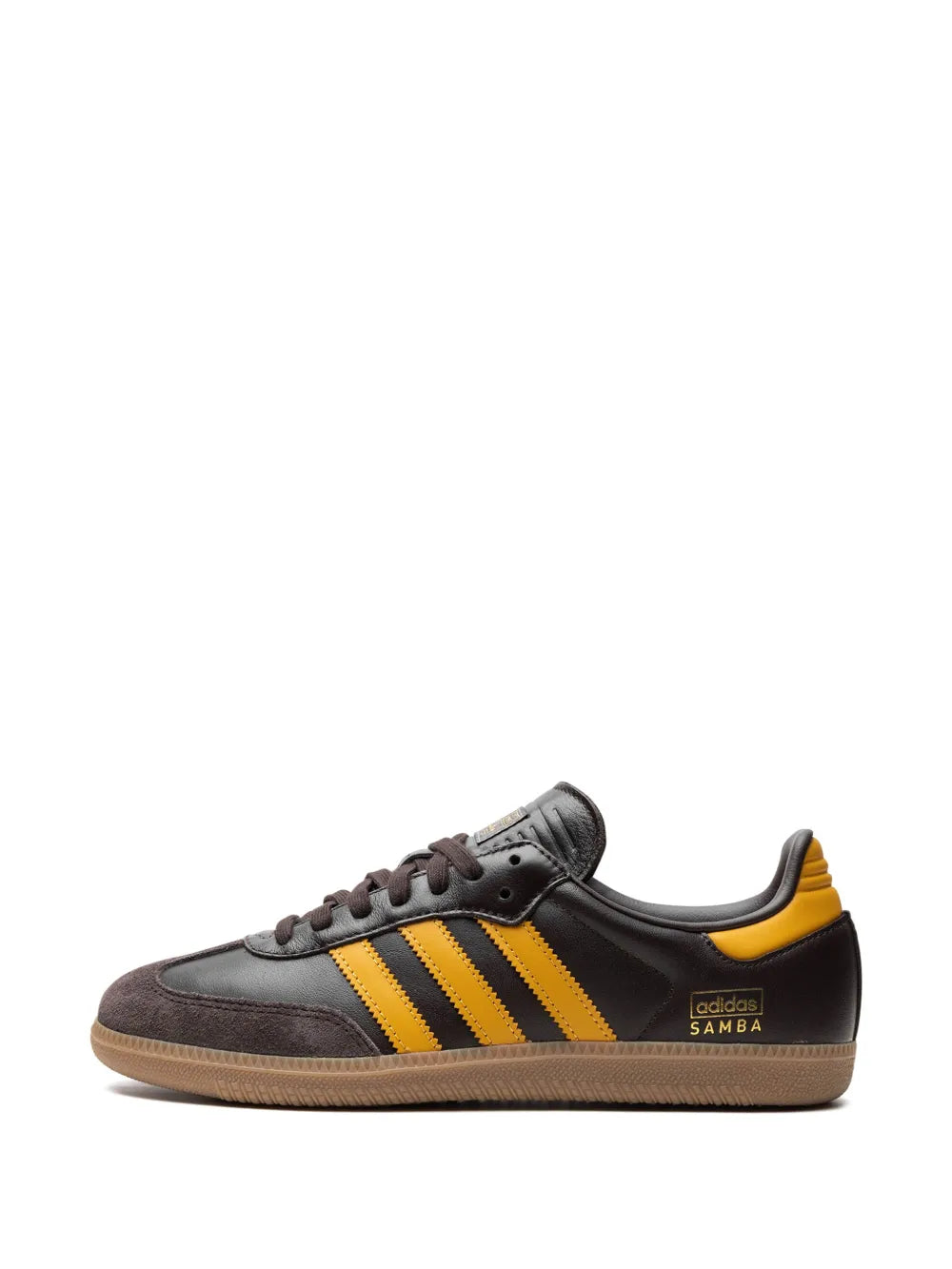 adidas Samba Leather Sneakers — Chocolate Brown/Amber Yellow — Size US M 10.5 - US W 12 — Detail View