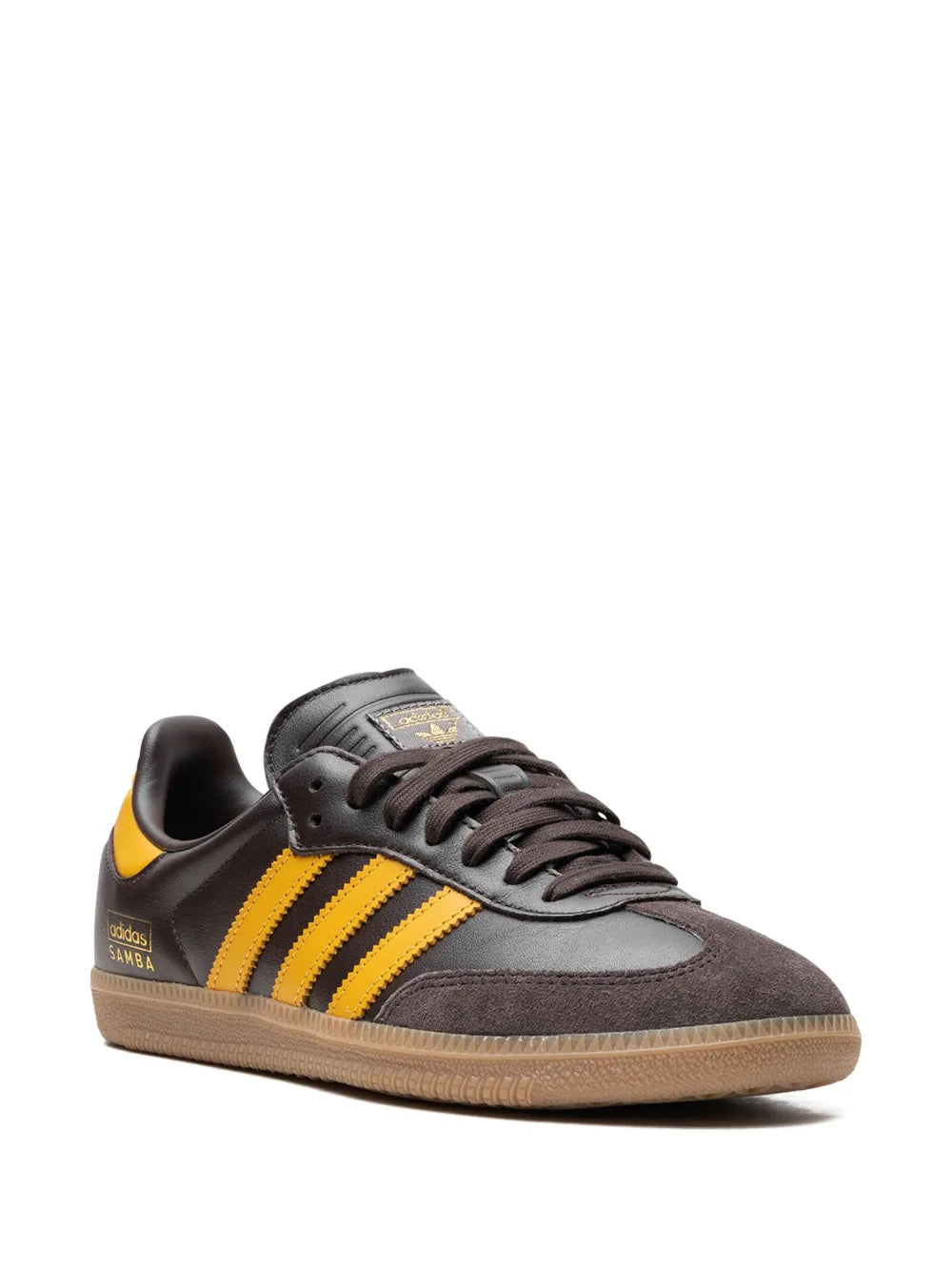 adidas Samba Leather Sneakers — Chocolate Brown/Amber Yellow — Size US M 10.5 - US W 12 — Side View