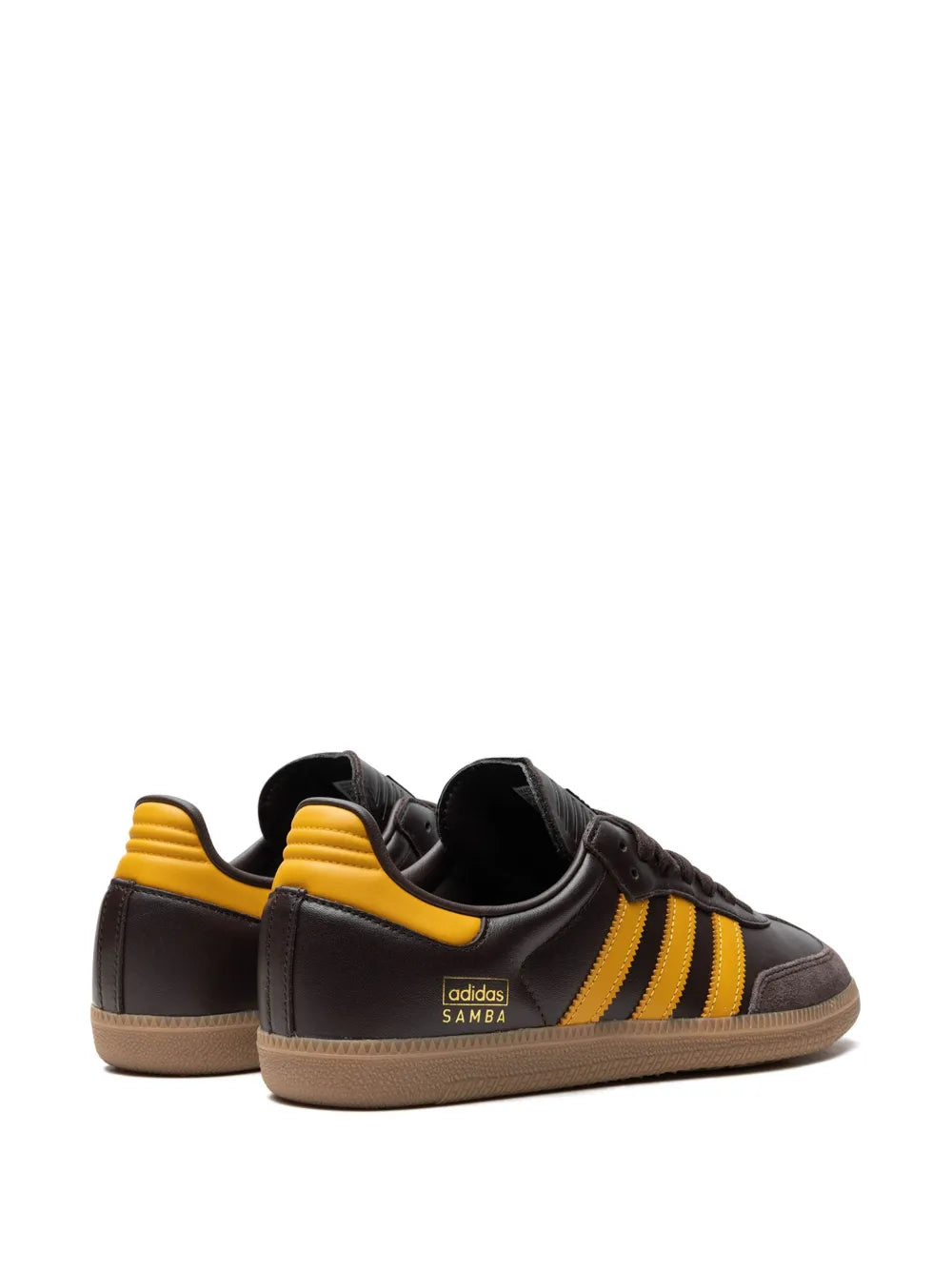 adidas Samba Leather Sneakers — Chocolate Brown/Amber Yellow — Size US M 10.5 - US W 12 — Back View
