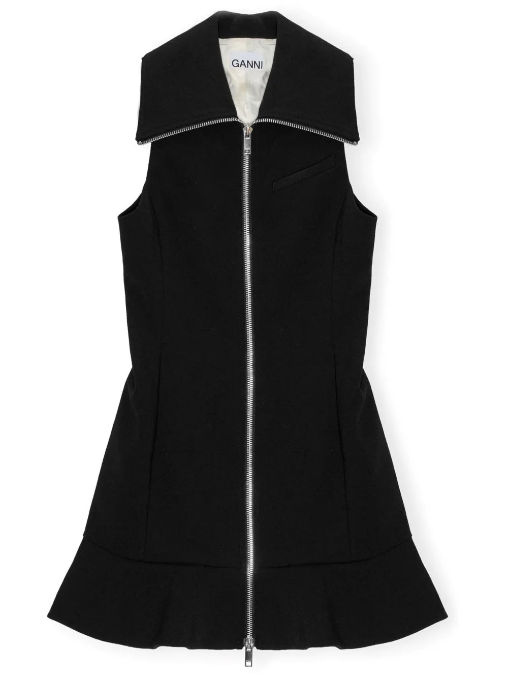 Ganni Zip Up Crepe Mini Dress — Black — Size XS — Front View