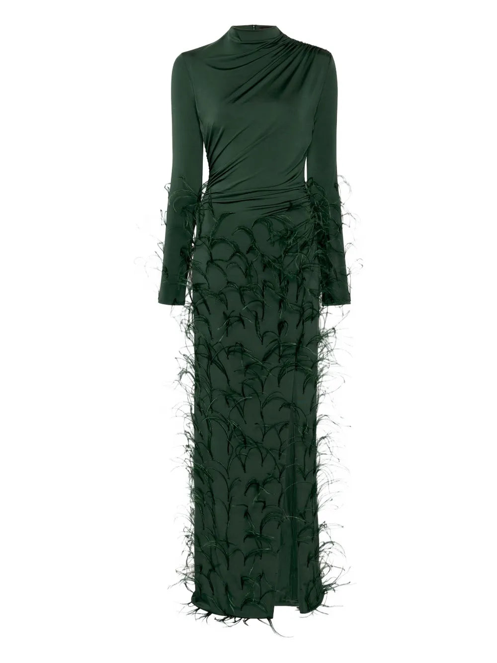 Lapointe Feathers Embellished Jersey Maxi Dress — Green — Size XS — Front View
