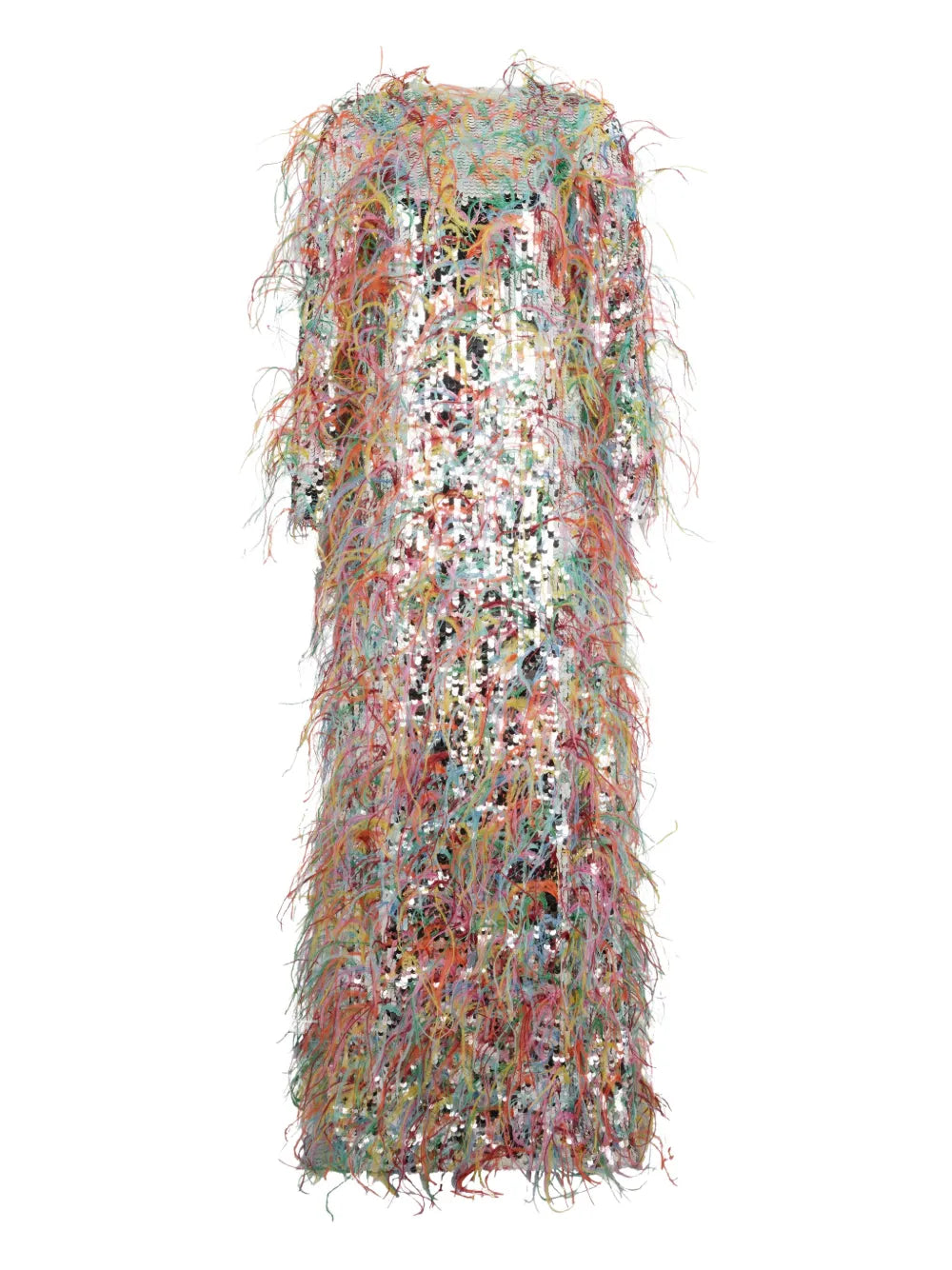 Valentino Garavani Sequin Feather Midi Dress — Red/ Silver — Size S — Front View