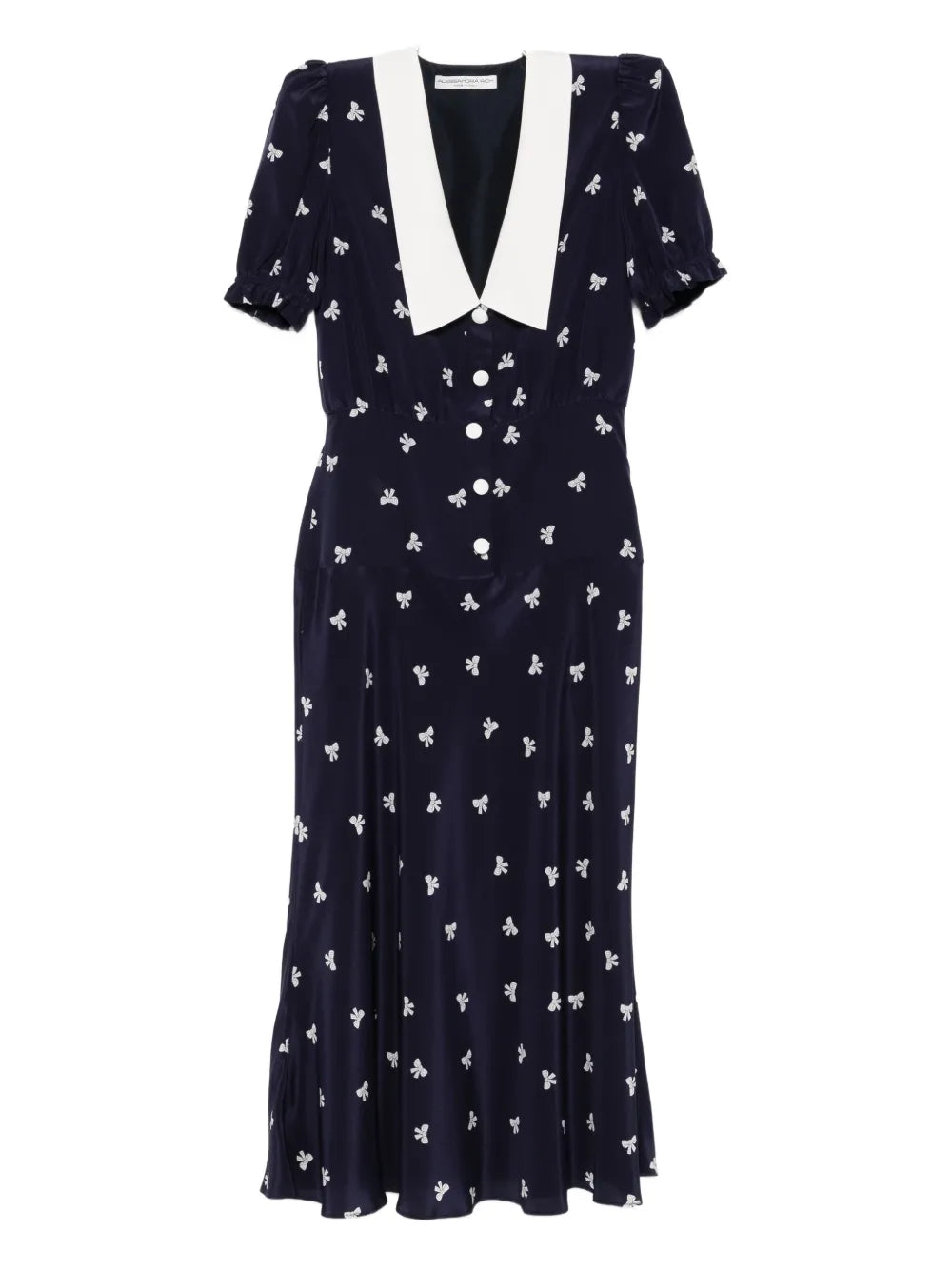 Alessandra Rich Bow Print Midi Dress — Blue/ Navy — Size S — Front View