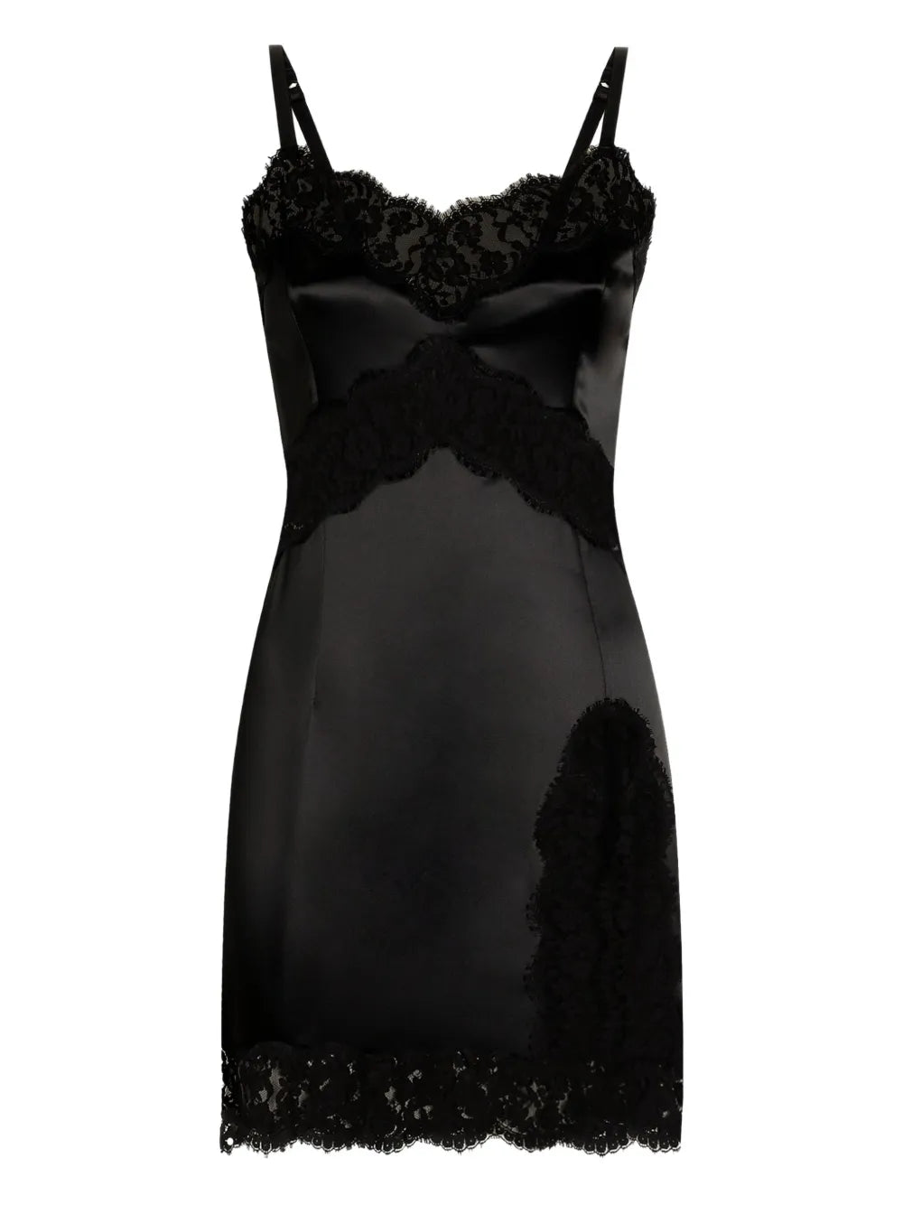 Dolce Gabbana Lace Trimmed Satin Slip Mini Dress — Black — Size XS — Front View
