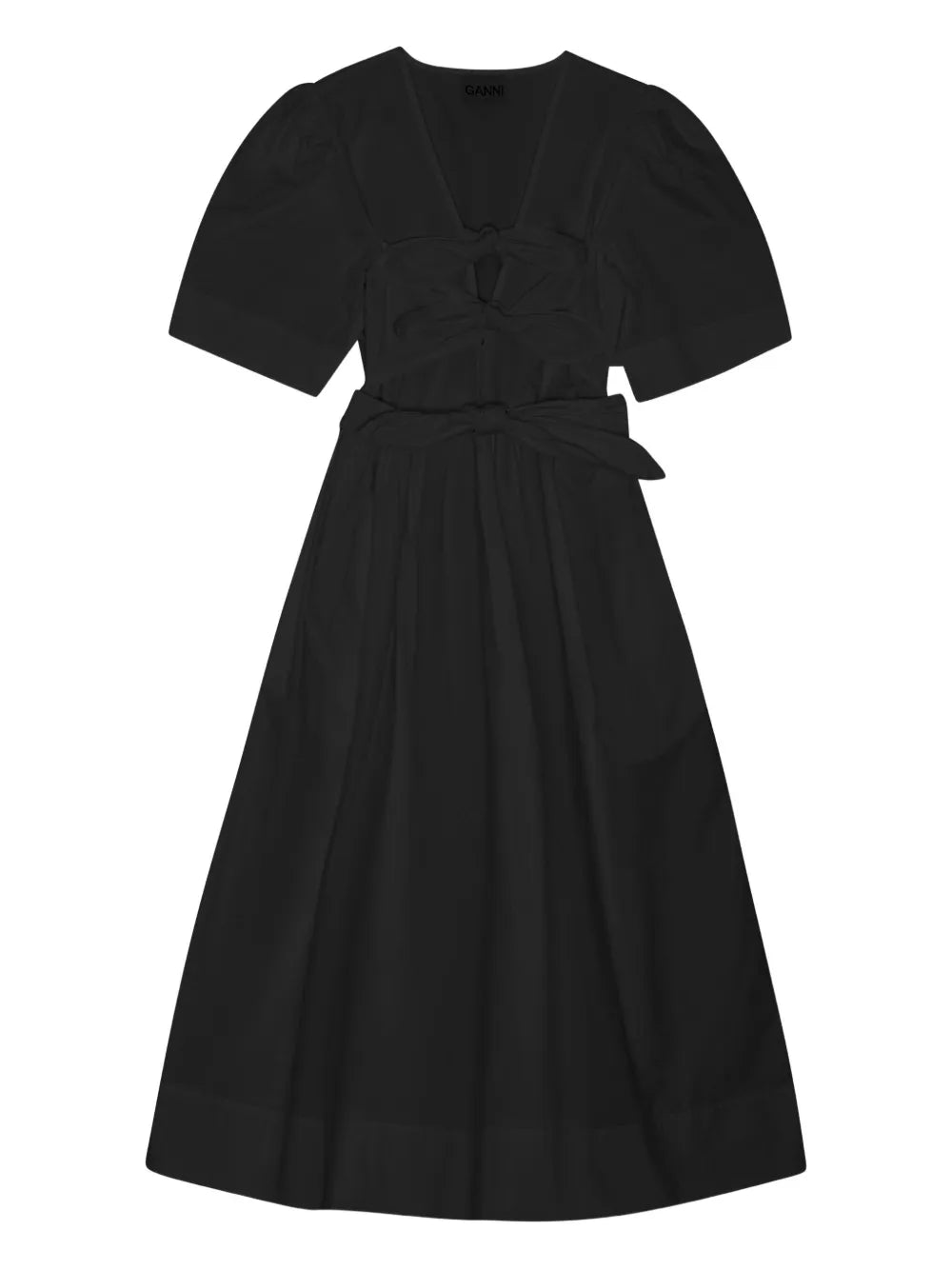 Ganni Puff Sleeve Belted Dress — Black/ Red — Size XS — Front View