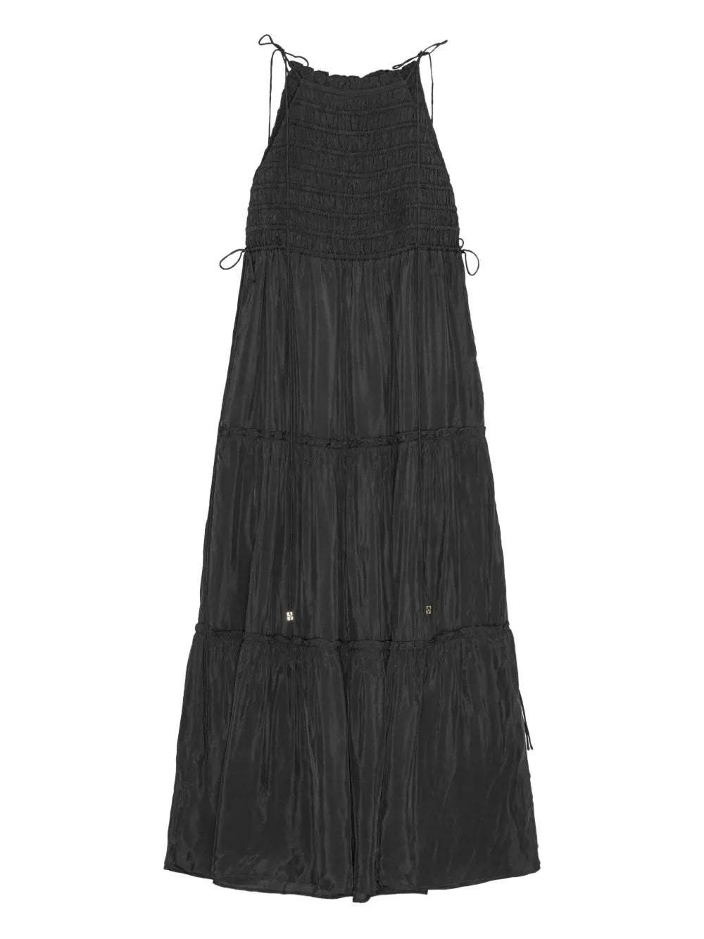 Ganni Tie Strap Smocked Maxi Dress — Black — Size XS — Front View