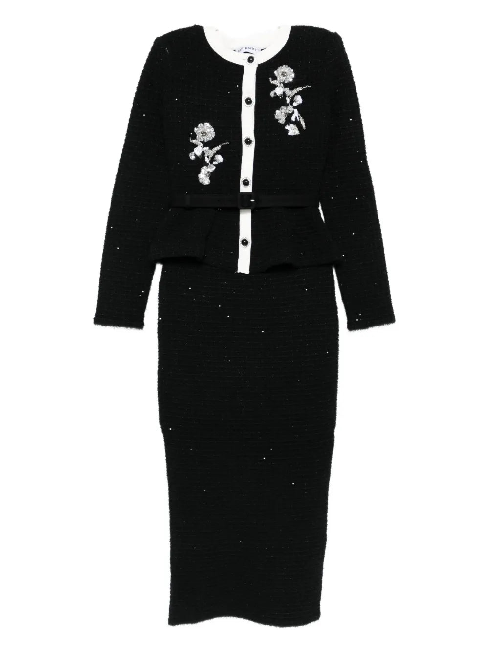 Self Portrait Floral Embellished Knitted Midi Dress — Black — Size XS — Front View