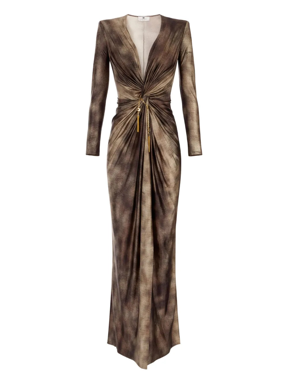Elisabetta Franchi Twist Front Maxi Dress — Brown/ Gold — Size XS — Front View