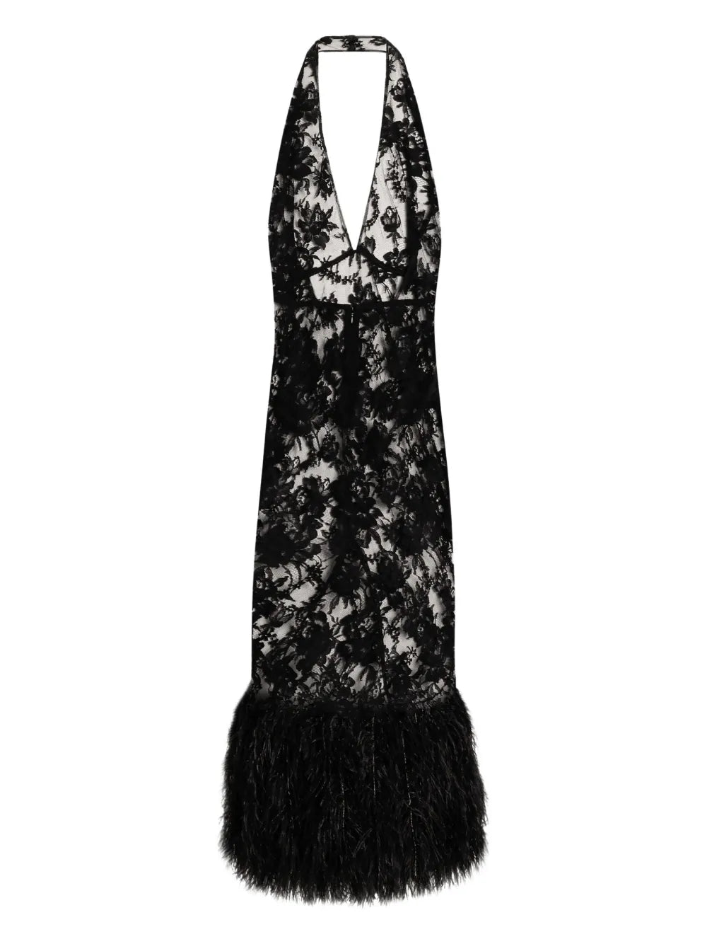 Dolce Gabbana Feather Trimmed Lace Dress — Black — Size S — Front View