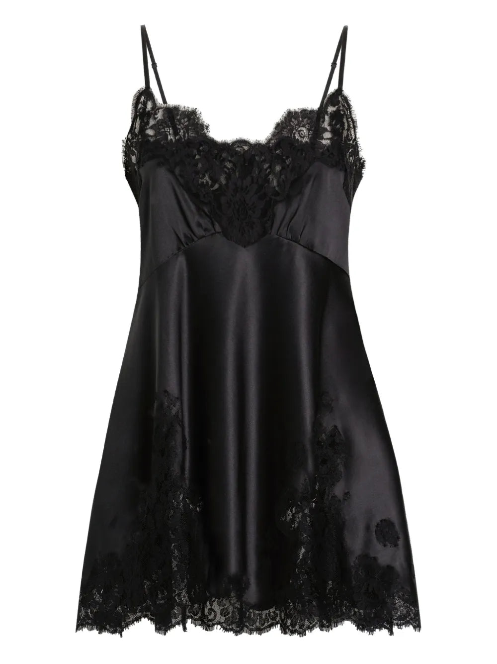 Dolce Gabbana Lace Trimmed Satin Slip Dress — Black — Size XS — Front View