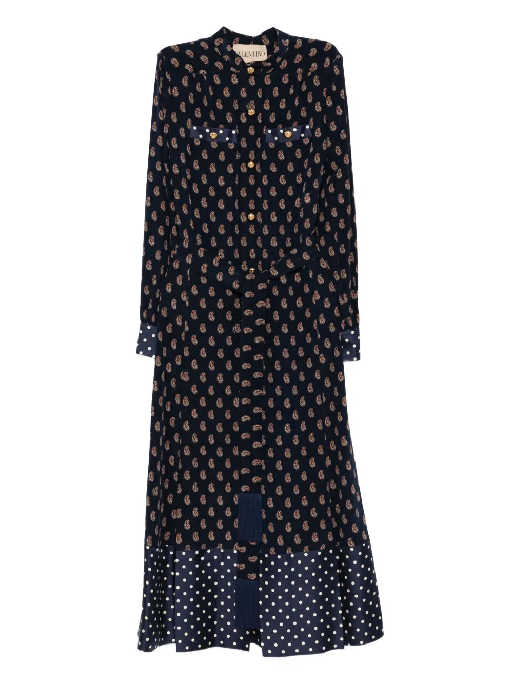 Valentino Garavani Paisley Print Polka Dot Midi Dress — Blue/ Navy/ Gold — Size XS — Front View
