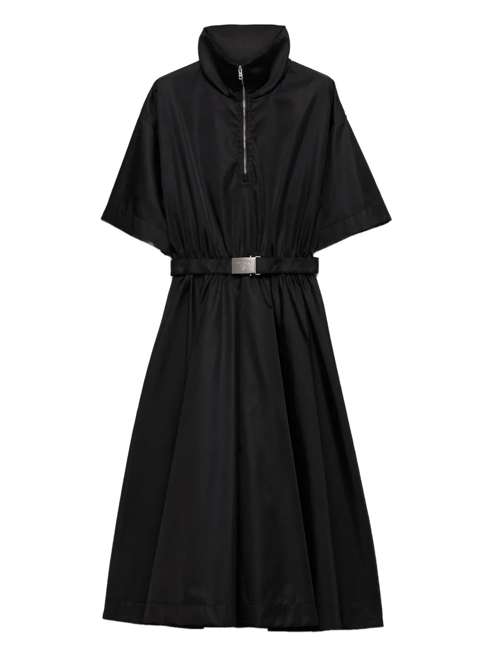 Prada Re Nylon Belted Midi Dress — Black/ Tan — Size XS — Front View